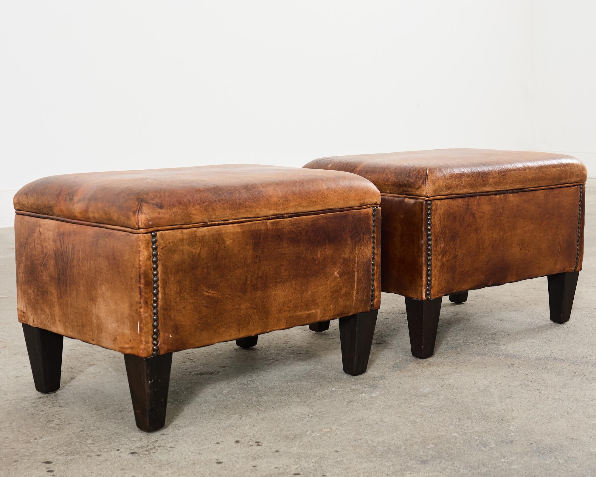 Pair of Distressed Cigar Leather Wingback Chairs with Ottomans 13
