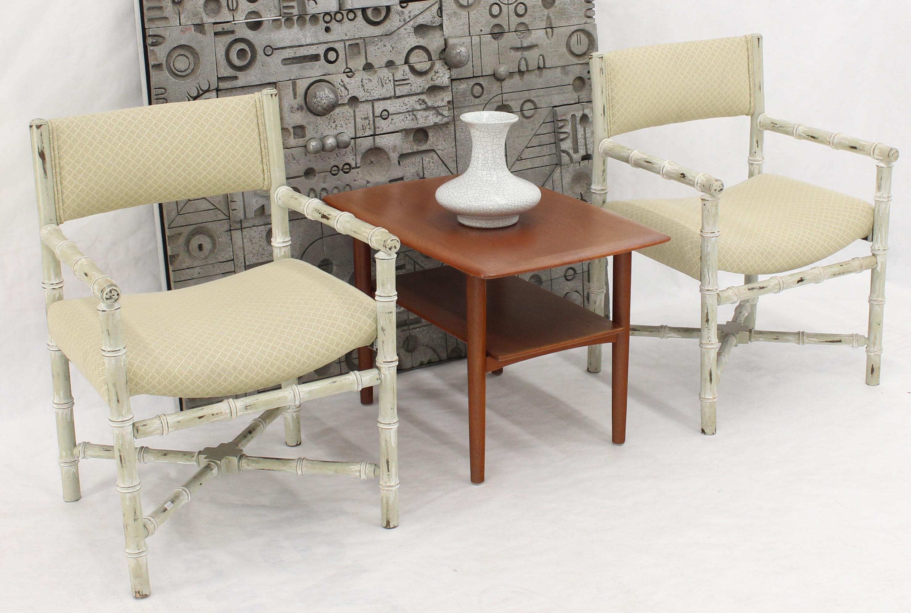 Mid-Century Modern Pair of Distressed Finish Faux Bamboo Capitan Chairs with X Bases  For Sale