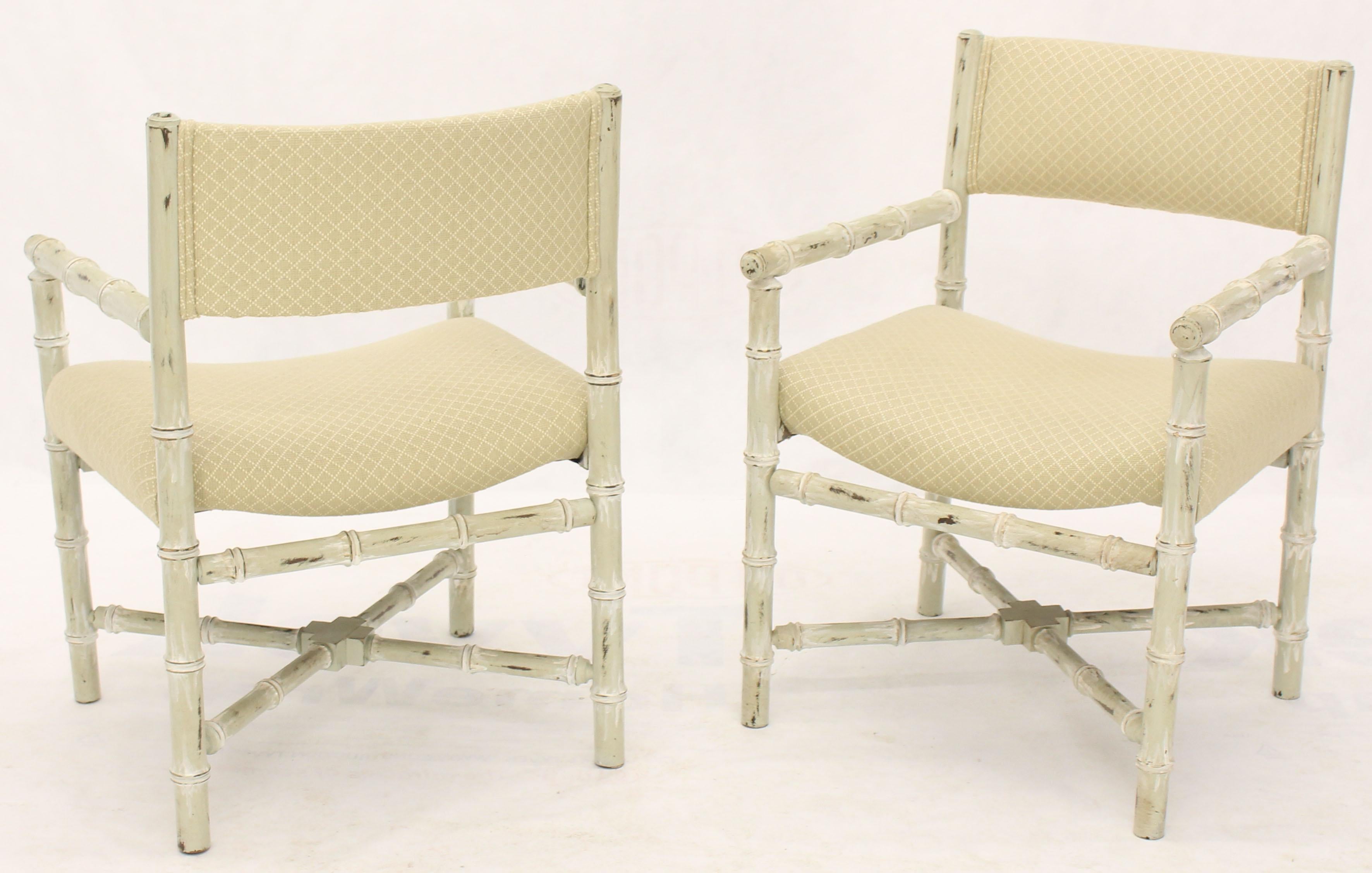 Pair of Distressed Finish Faux Bamboo Capitan Chairs with X Bases  In Good Condition For Sale In Rockaway, NJ