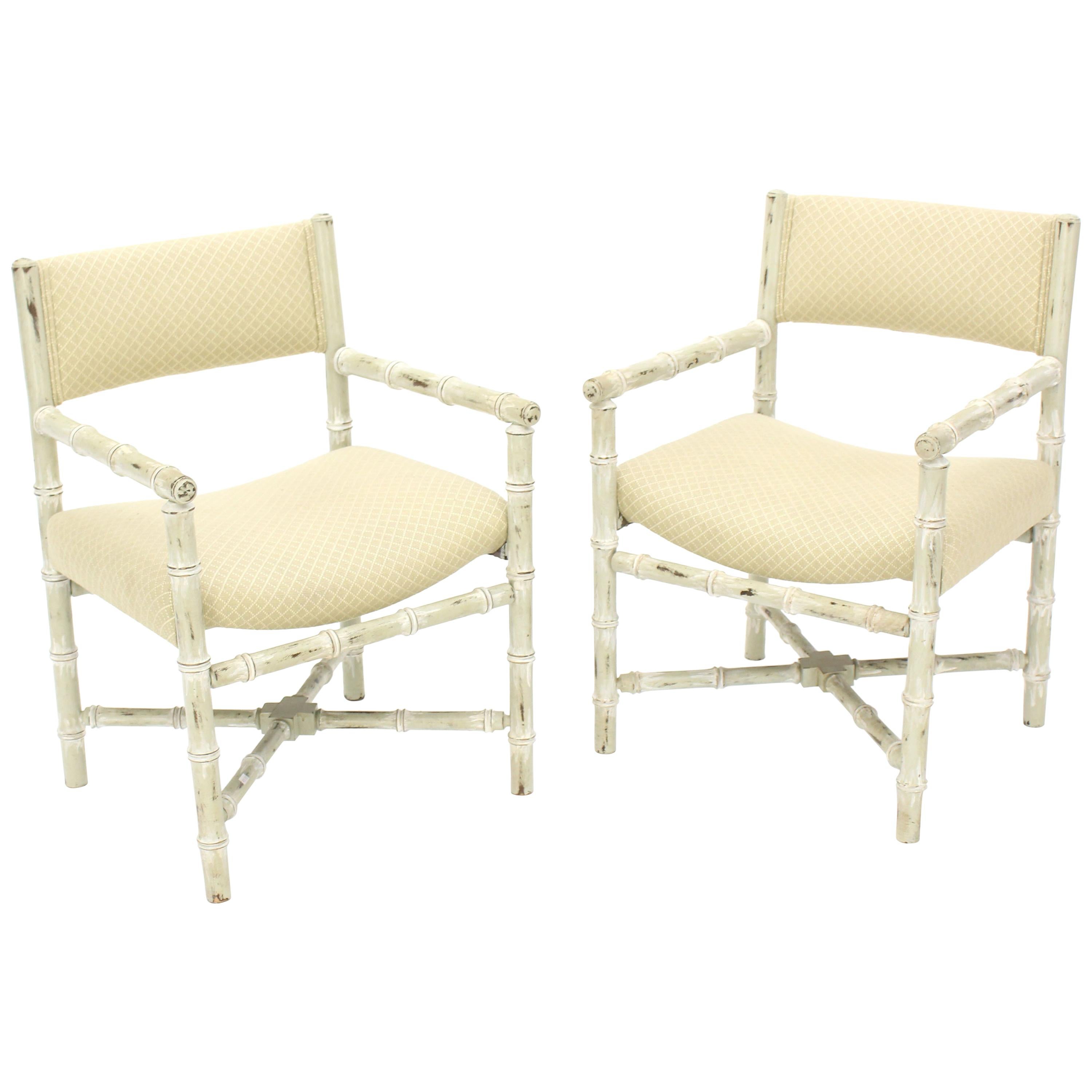 Pair of Distressed Finish Faux Bamboo Capitan Chairs with X Bases  For Sale