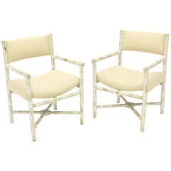 Vintage Pair of Distressed Finish Faux Bamboo Capitan Chairs with X Bases 