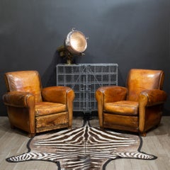 Pair of Distressed French Leather Club Chairs c.1930