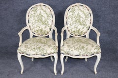 Pair of Distressed French Louis XV Style Painted Arm Chairs w/ Toile Upholstery