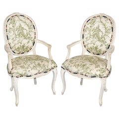 Pair of Distressed French Louis XV Style Painted Arm Chairs w/ Toile Upholstery