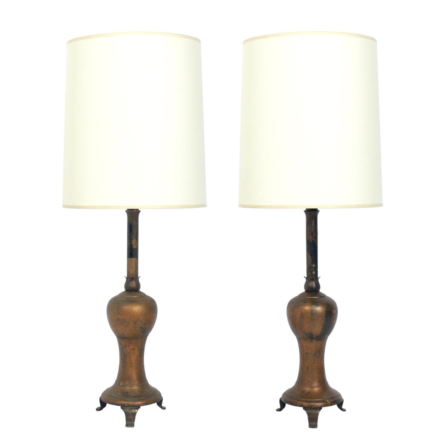 Pair of Distressed Gilt Metal Asian Lamps
