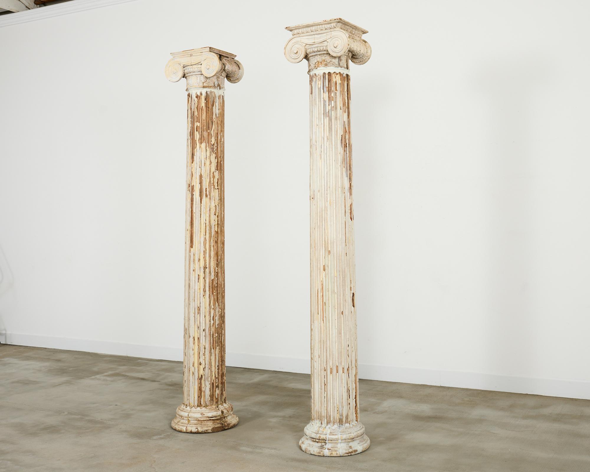 Hand-Crafted Pair of Distressed Greco-Roman Neoclassical Style Ionic Columns