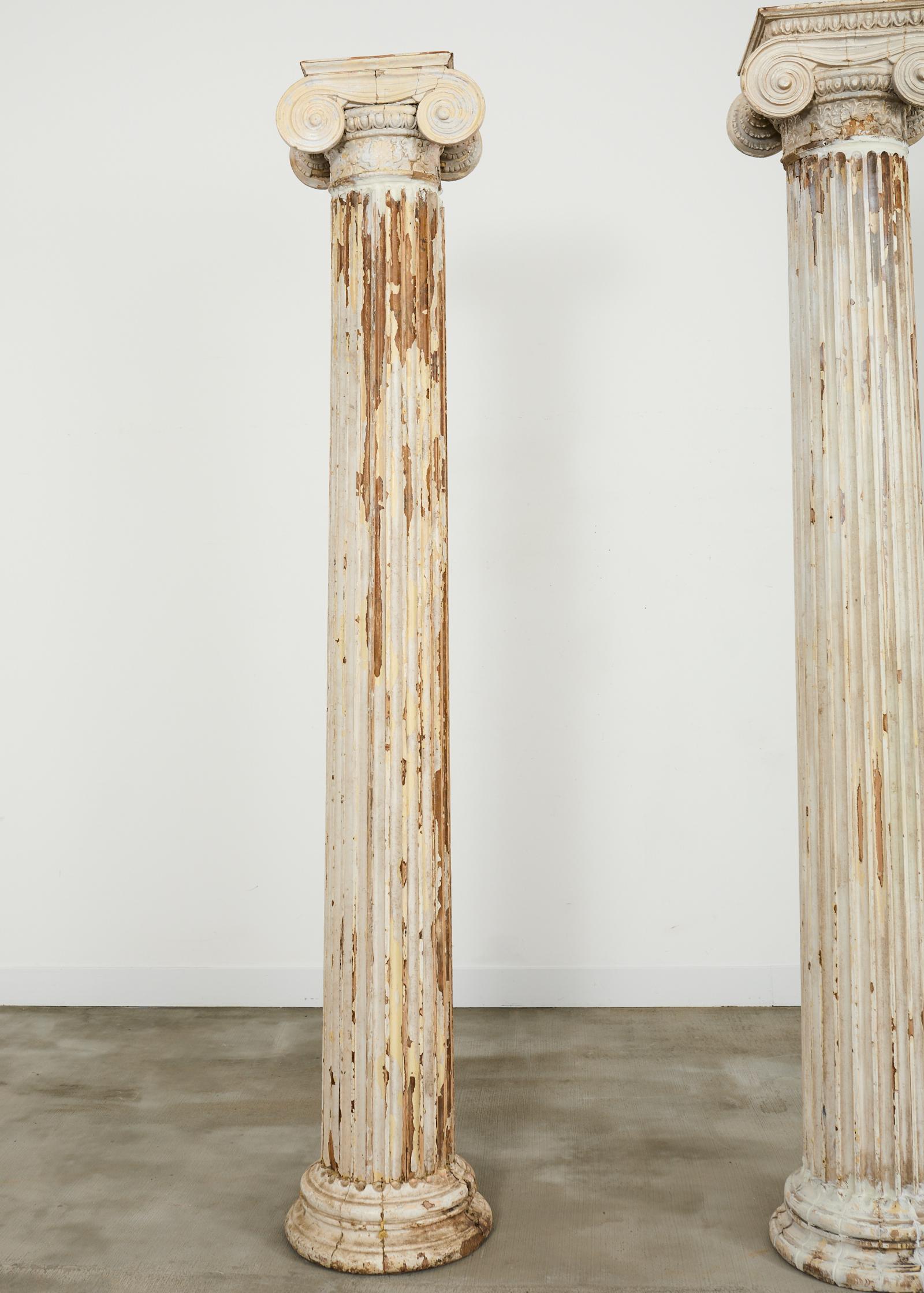 Wood Pair of Distressed Greco-Roman Neoclassical Style Ionic Columns