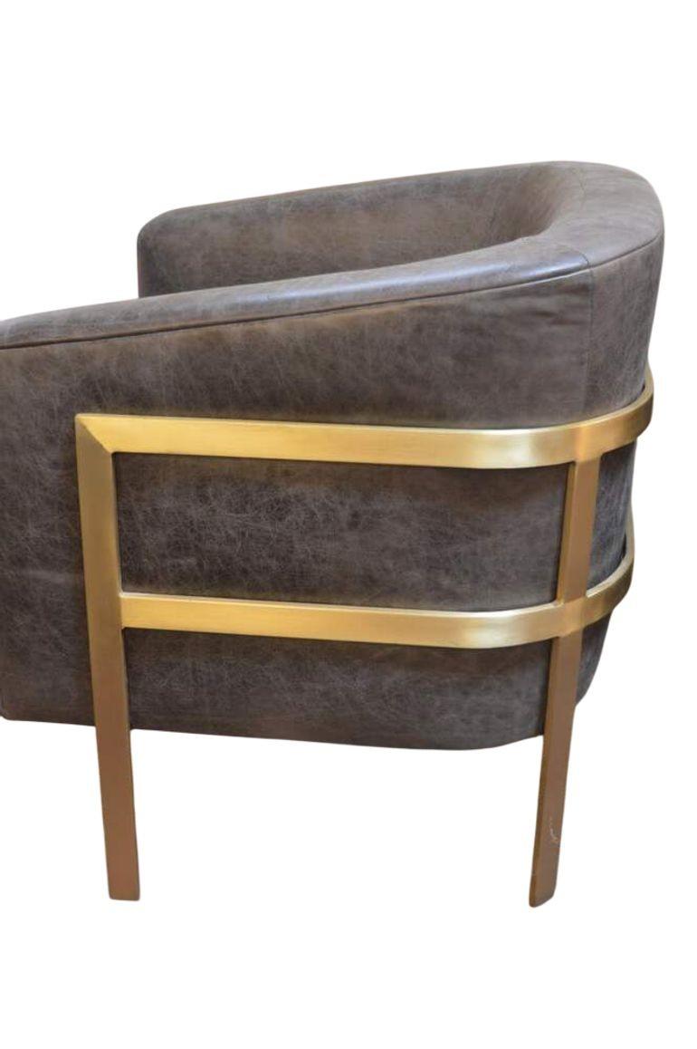 American Pair of Distressed Leather Armchairs w/ Brass Frames. Style of Milo Baughman. For Sale