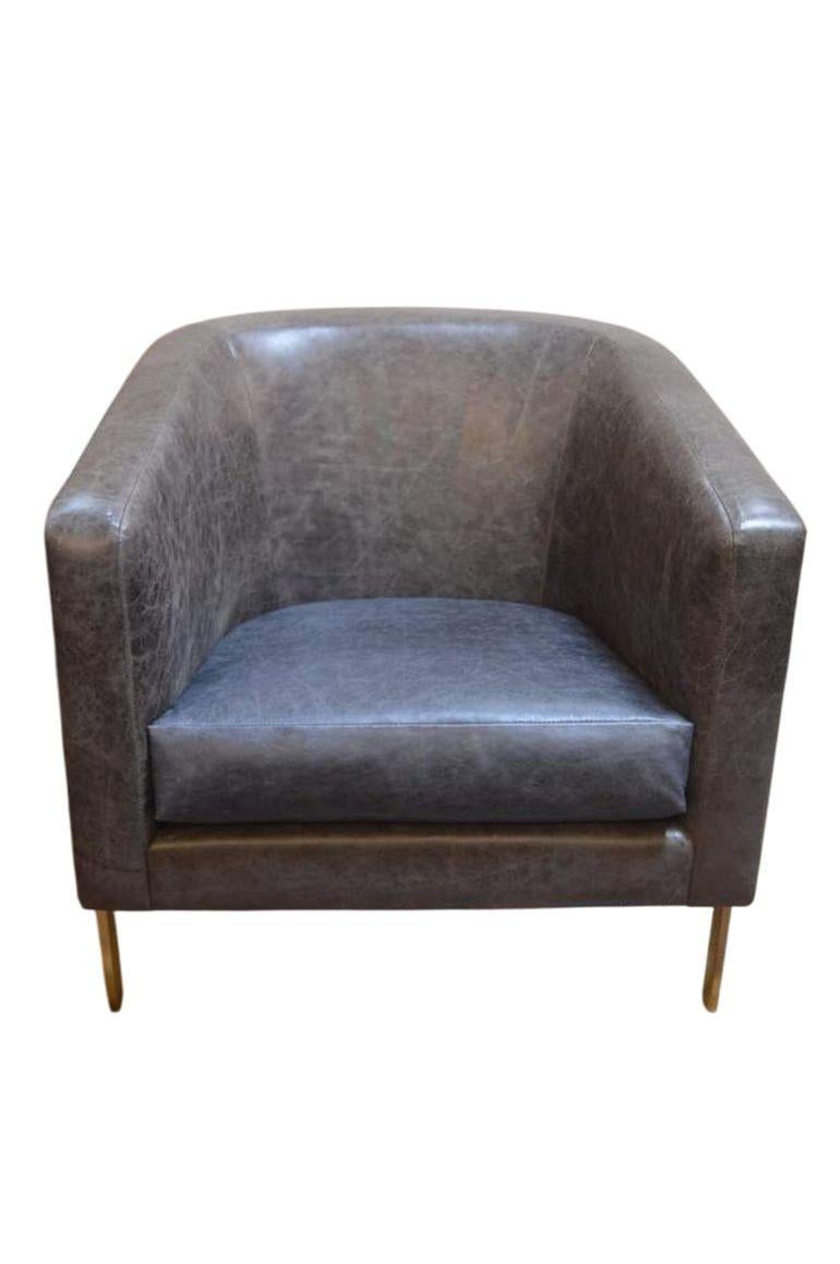 Pair of Distressed Leather Armchairs w/ Brass Frames. Style of Milo Baughman. In Good Condition For Sale In Los Angeles, CA