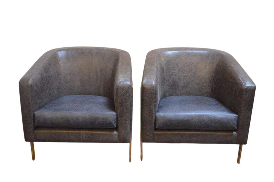 Late 20th Century Pair of Distressed Leather Armchairs w/ Brass Frames. Style of Milo Baughman. For Sale