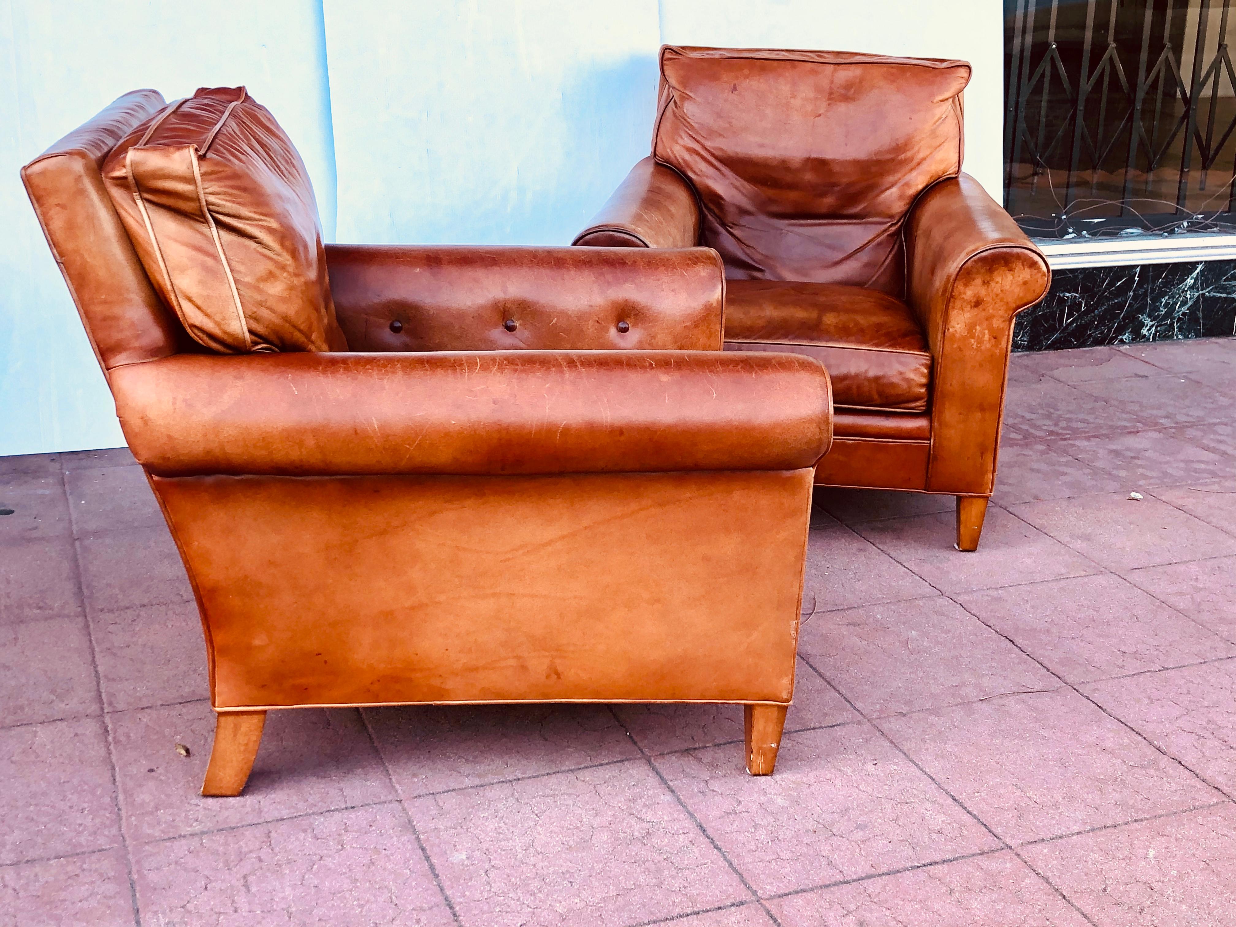 Modern Pair of Distressed Leather Club Chairs by Ralph Lauren