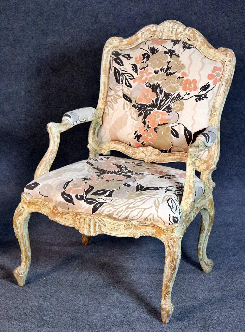 Painted Pair of Distressed Louis XV Style Fauteuils