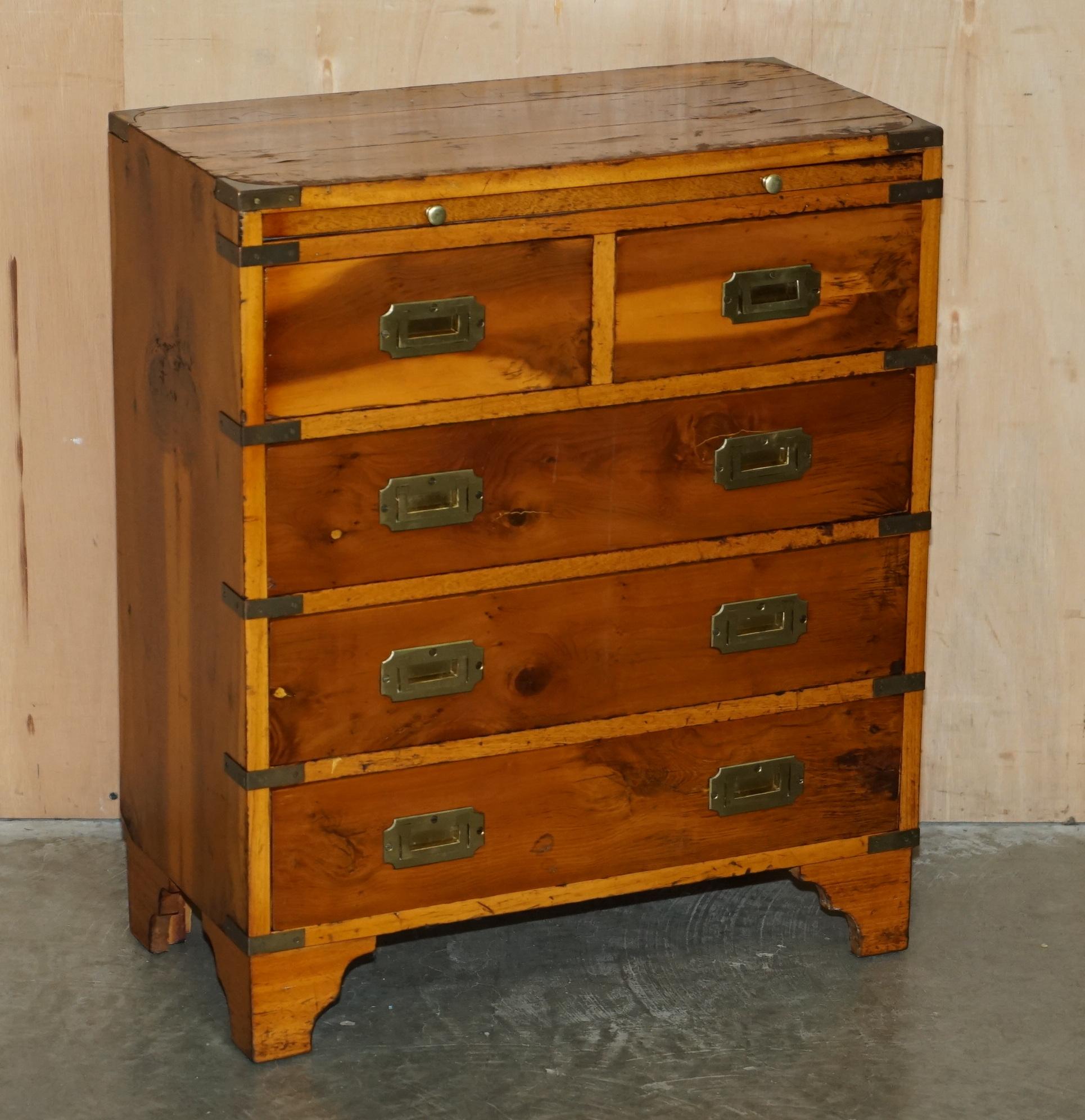 Campaign PAIR OF DISTRESSED MILITARY CAMPAIGN BURR YEW WOOD SIDE TABLES WiTH DRAWERS TRAY For Sale