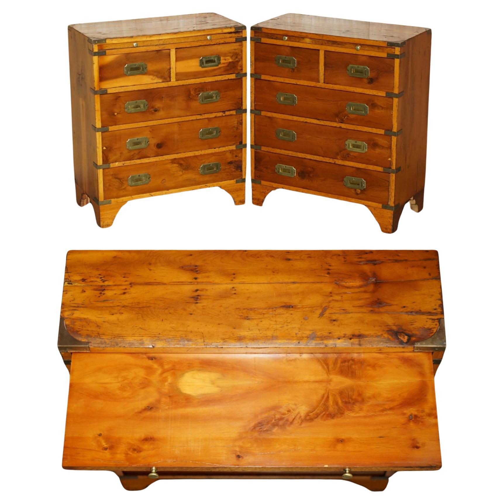 PAIR OF DISTRESSED MILITARY CAMPAIGN BURR YEW WOOD SIDE TABLES WiTH DRAWERS TRAY For Sale