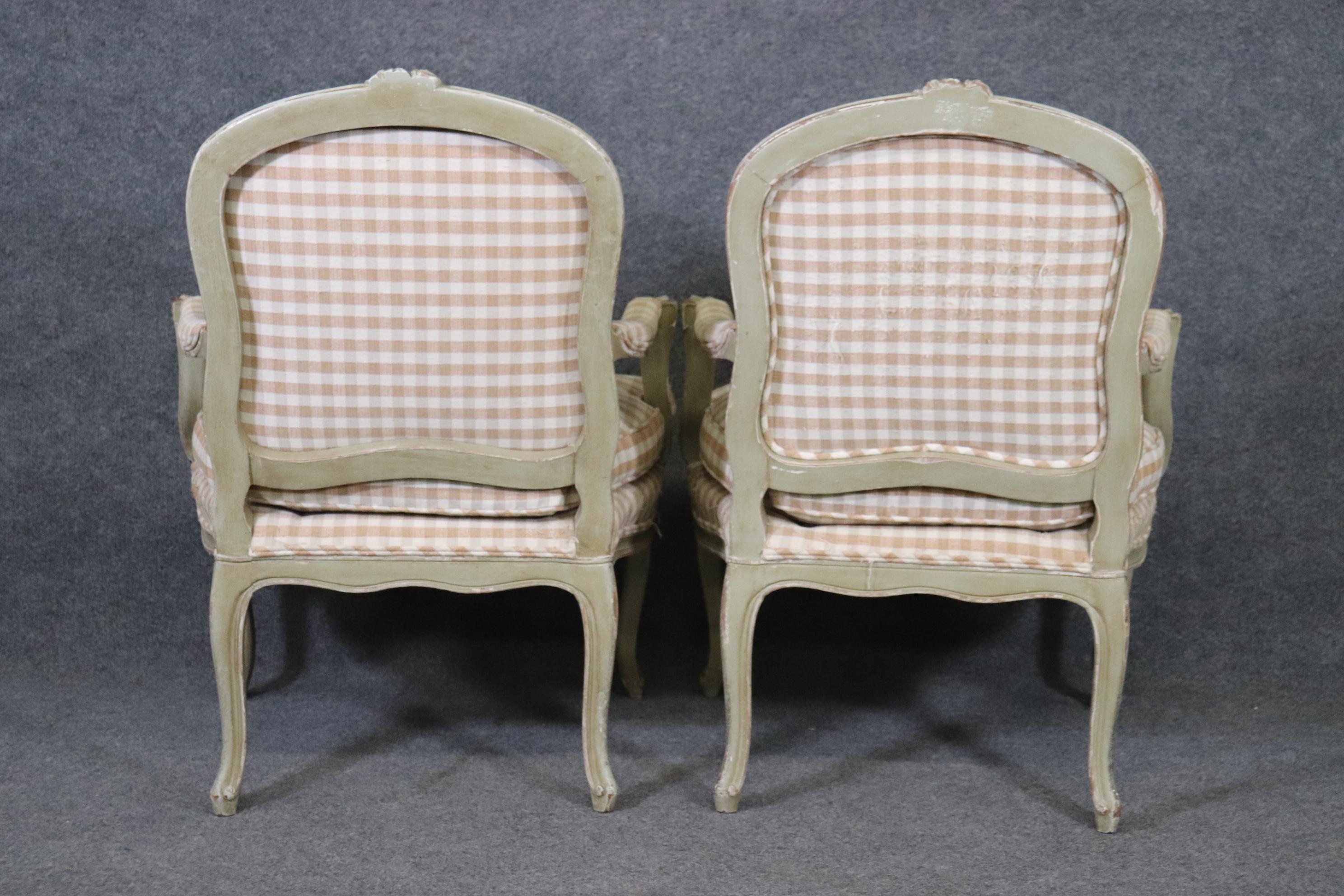 Walnut Pair of Distressed Painted French Carved Louis XV Armchairs, Circa 1930s For Sale
