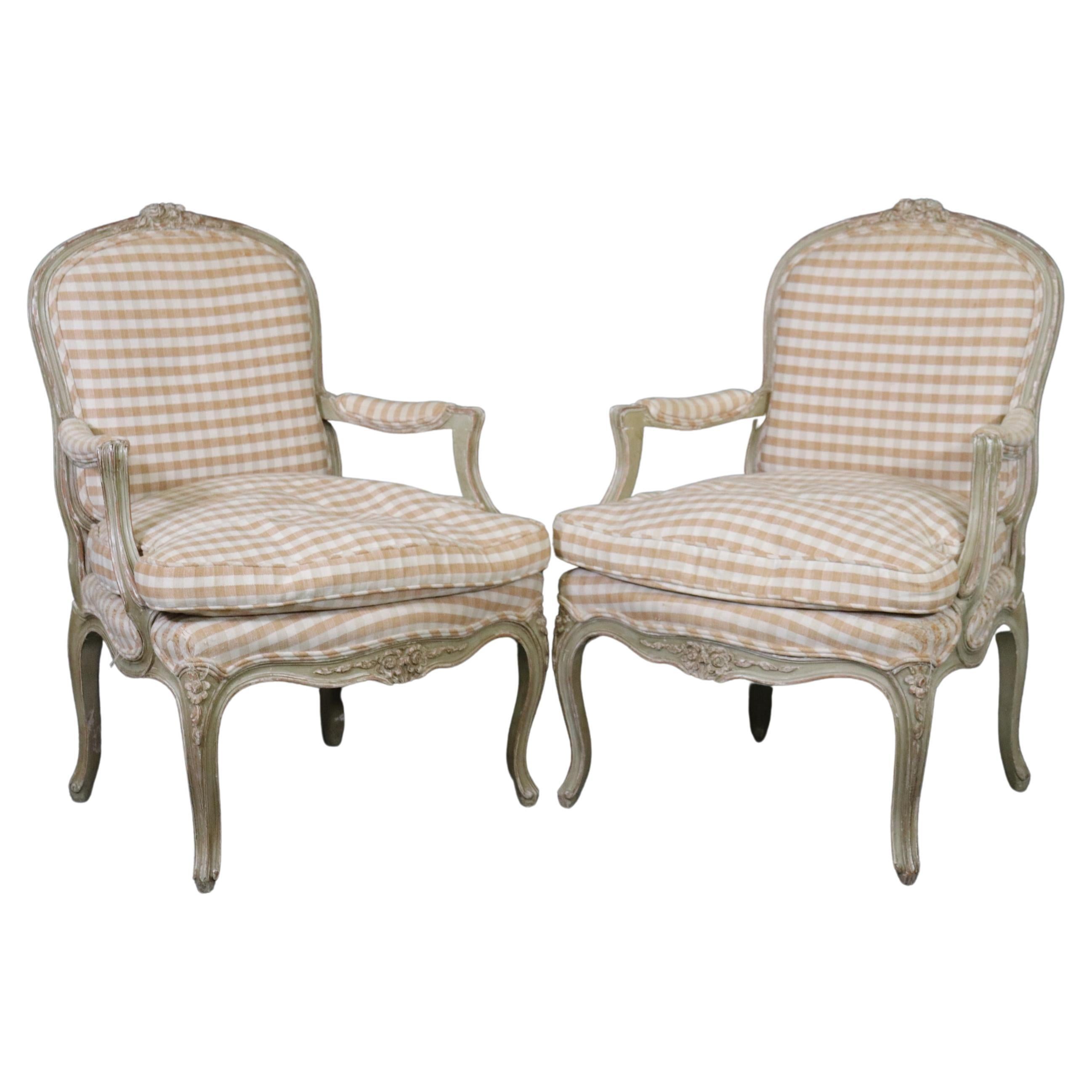 Pair of Distressed Painted French Carved Louis XV Armchairs, Circa 1930s For Sale
