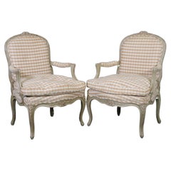 Vintage Pair of Distressed Painted French Carved Louis XV Armchairs, Circa 1930s