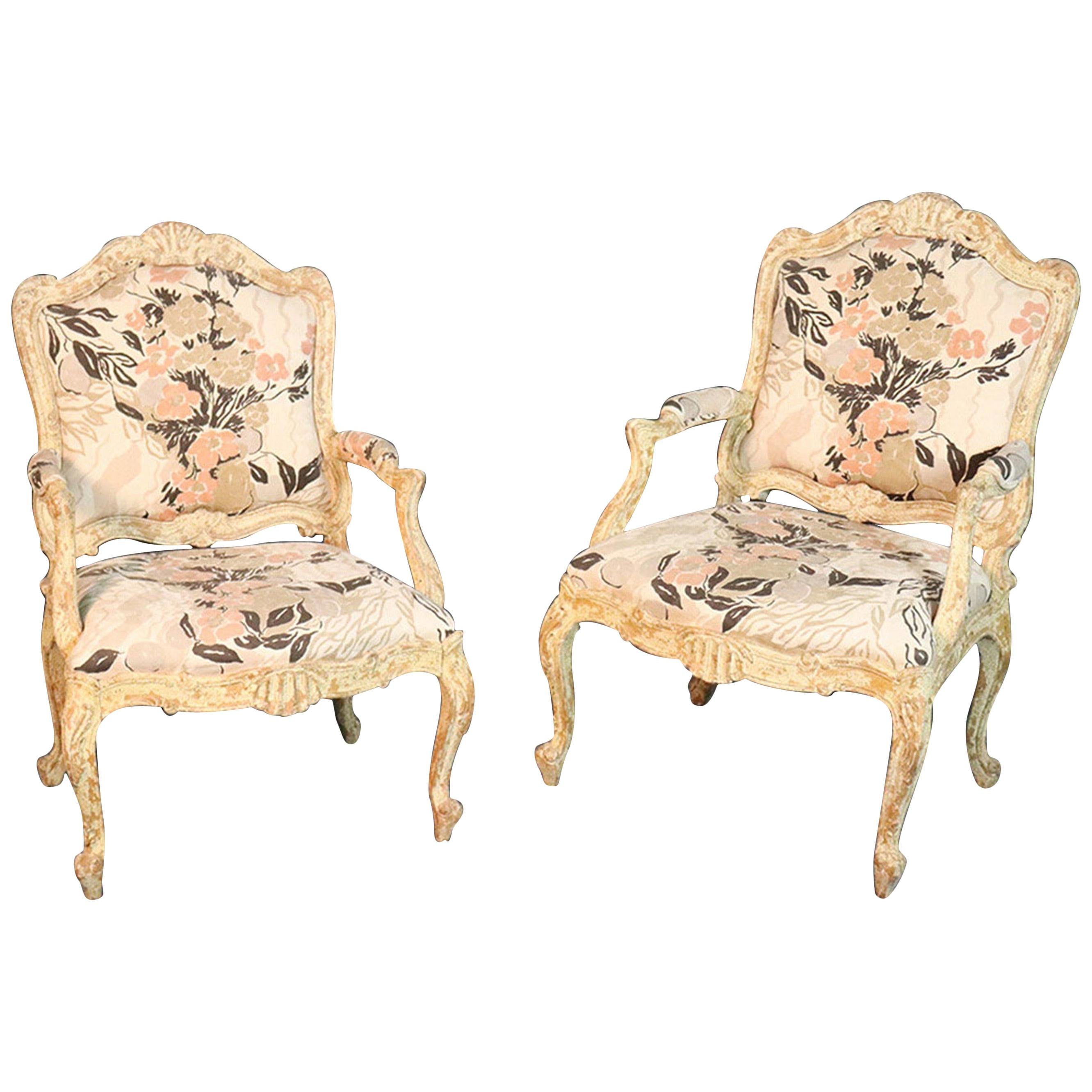 Pair of Distressed Painted French Louis XV Open Arm Bergère Fauteuil Chairs