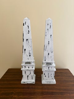 Pair of Distressed Painted Wood Obelisks with Architectural Bases