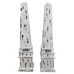 Pair of Distressed Painted Wood Obelisks with Architectural Bases