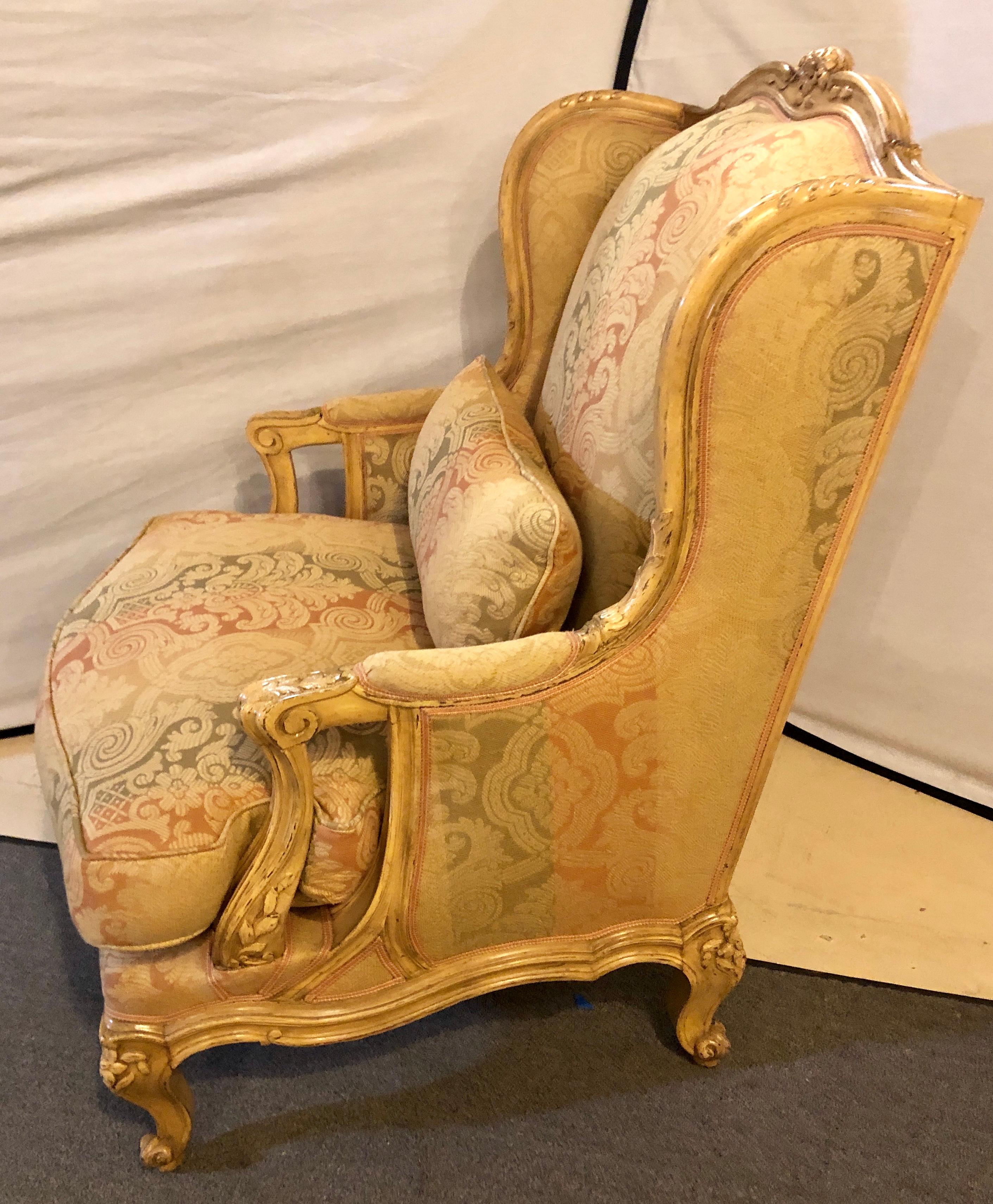 Hollywood Regency Pair of Distressed Palatial Louis XV Style Wingback or Bergere Chairs