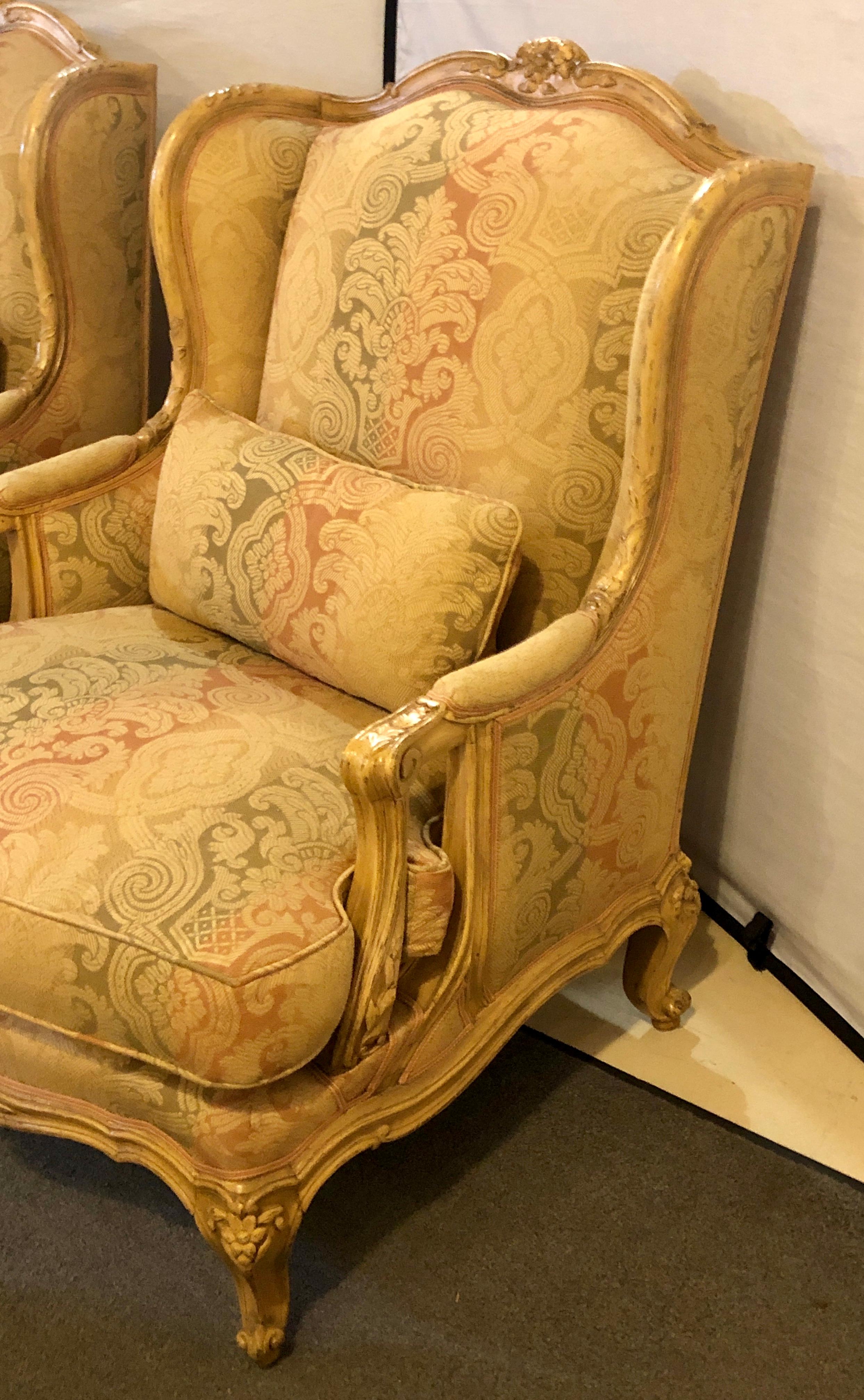 French Pair of Distressed Palatial Louis XV Style Wingback or Bergere Chairs