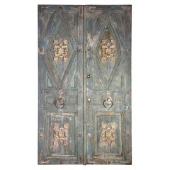 Pair of Distressed Rustic Double Doors, Ornate Gilded Carvings, Italy, 1900
