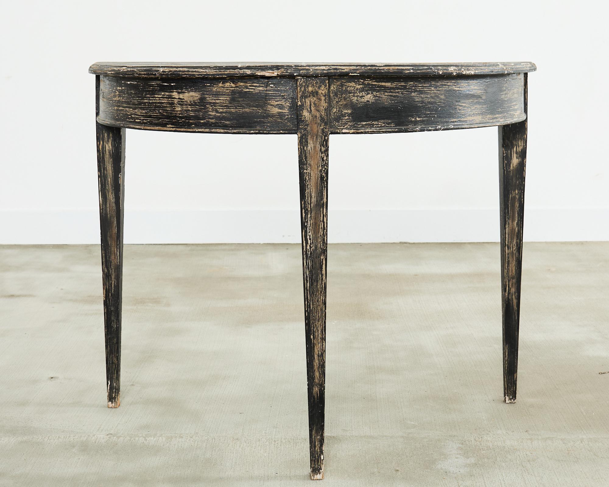Pair of Distressed Swedish Pine Painted Demilune Consoles 5