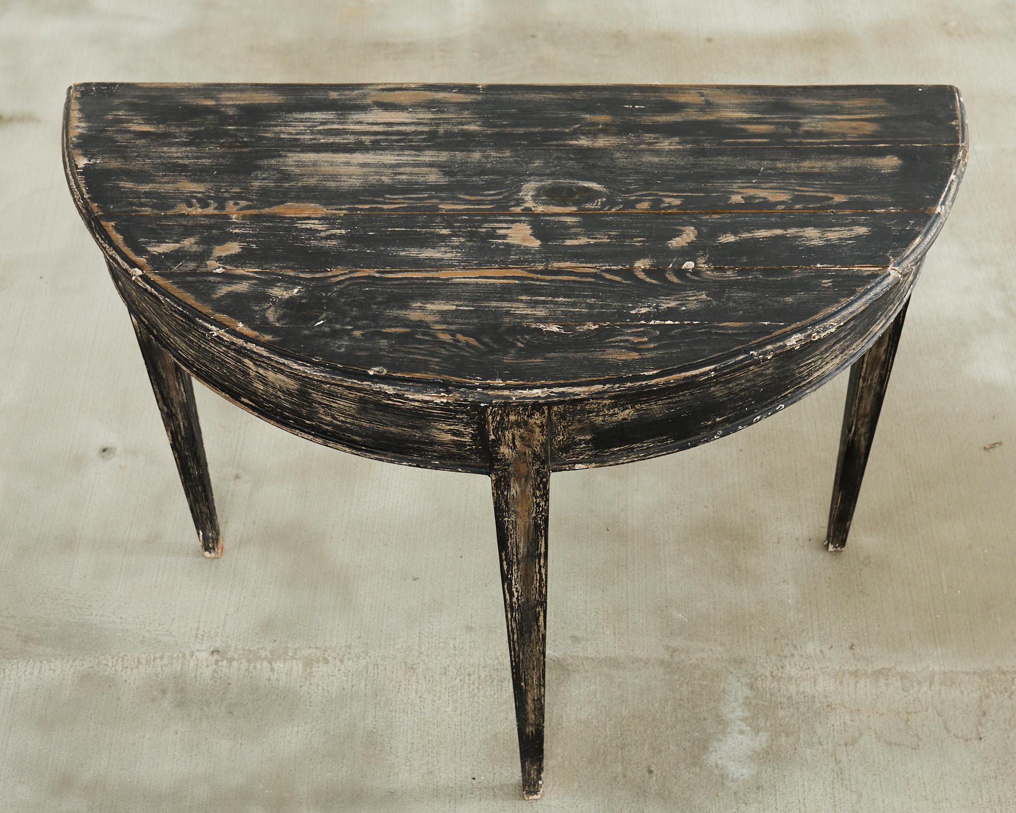 Pair of Distressed Swedish Pine Painted Demilune Consoles 6