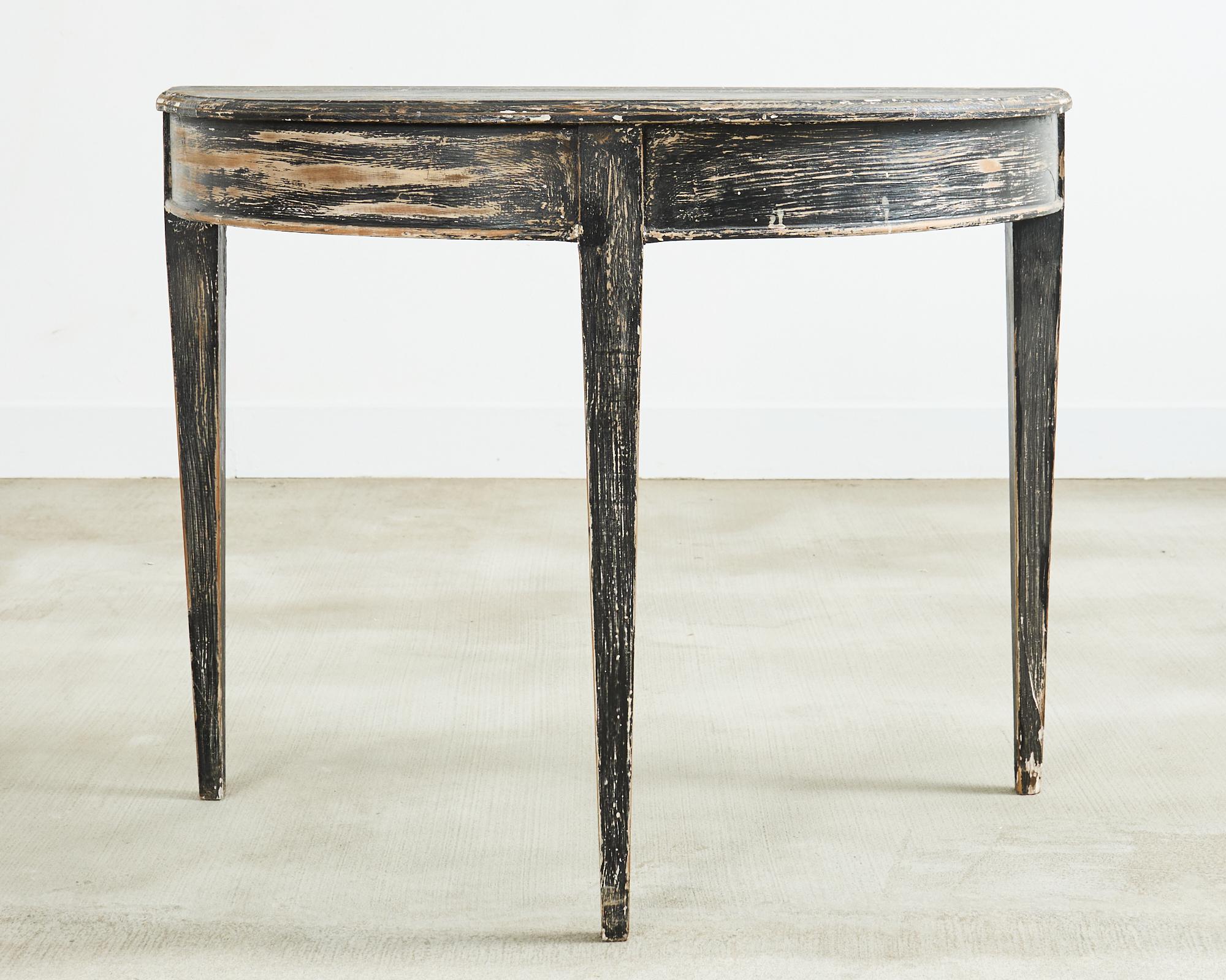 Pair of Distressed Swedish Pine Painted Demilune Consoles 7