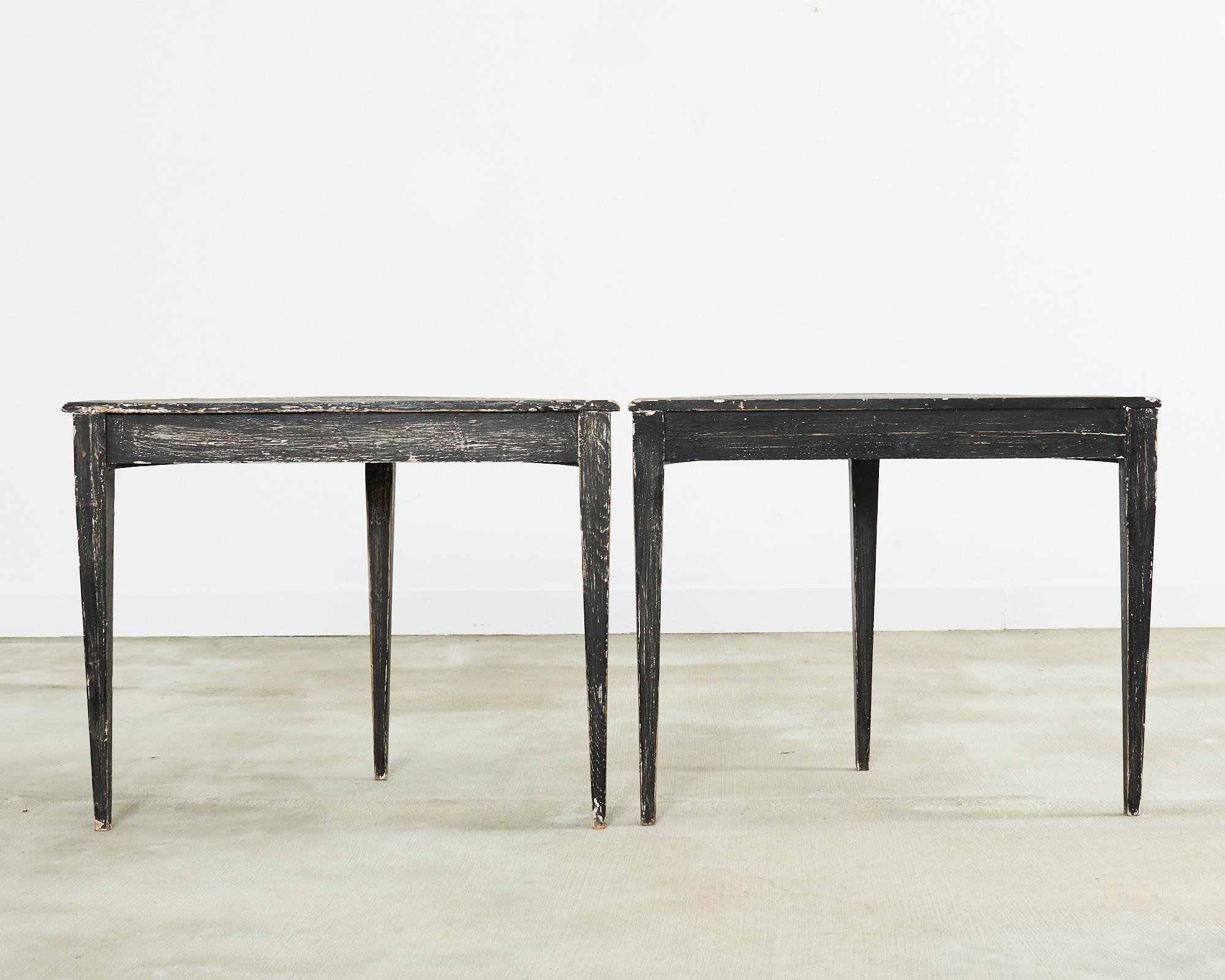 Pair of Distressed Swedish Pine Painted Demilune Consoles 14