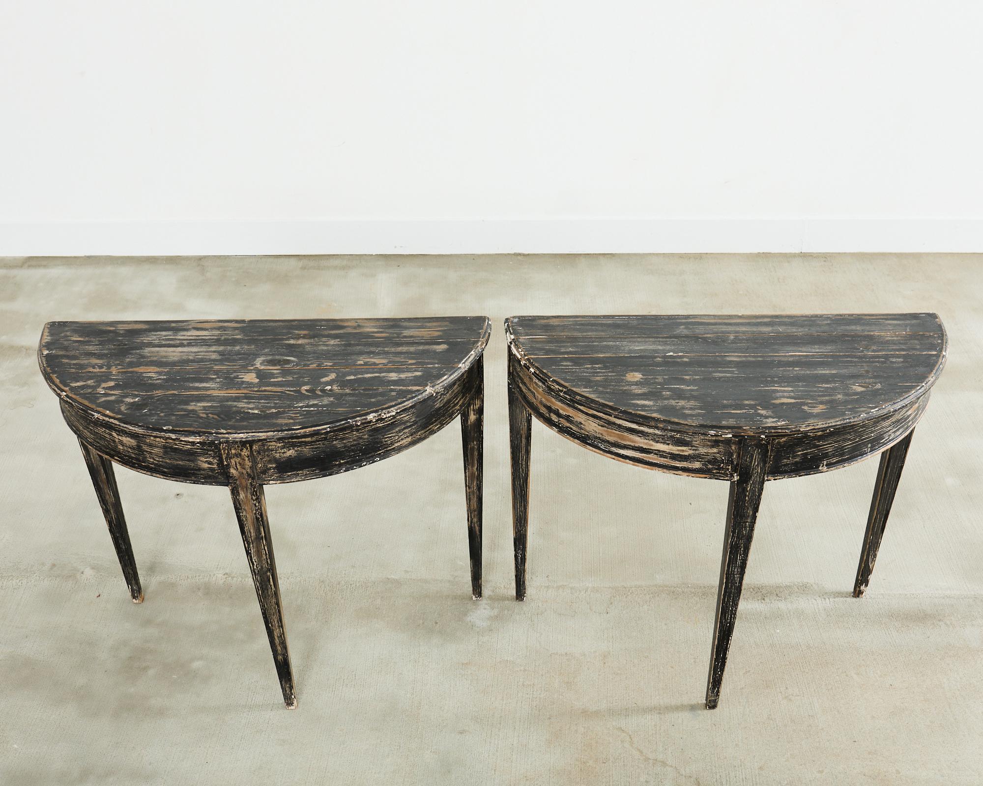 Country Pair of Distressed Swedish Pine Painted Demilune Consoles