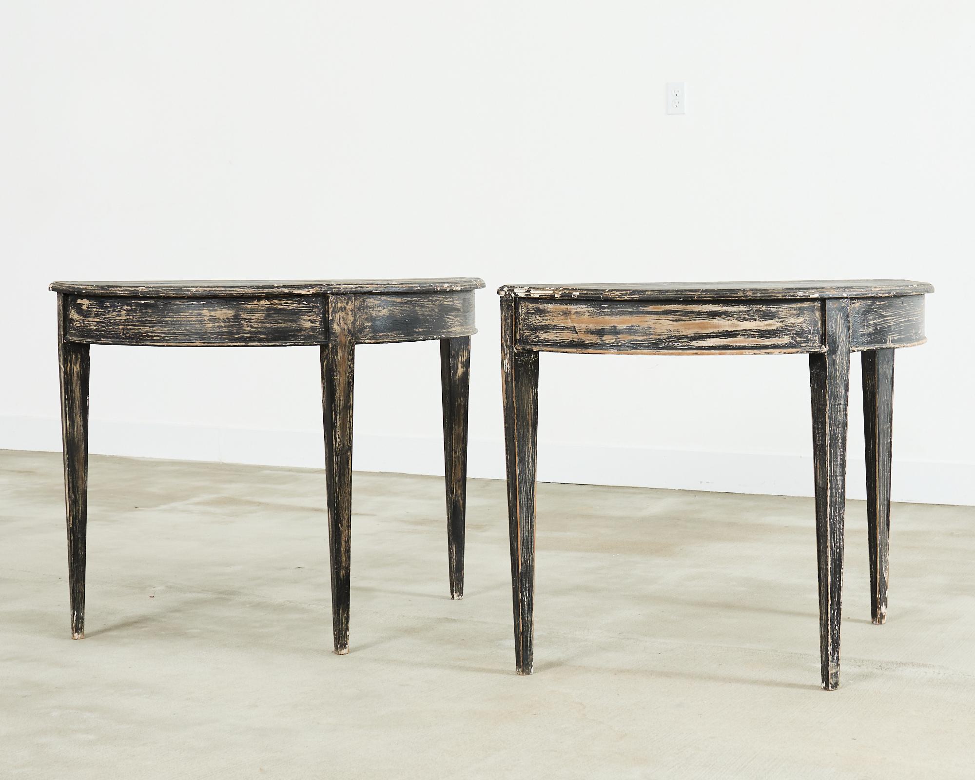 Pair of Distressed Swedish Pine Painted Demilune Consoles In Distressed Condition In Rio Vista, CA