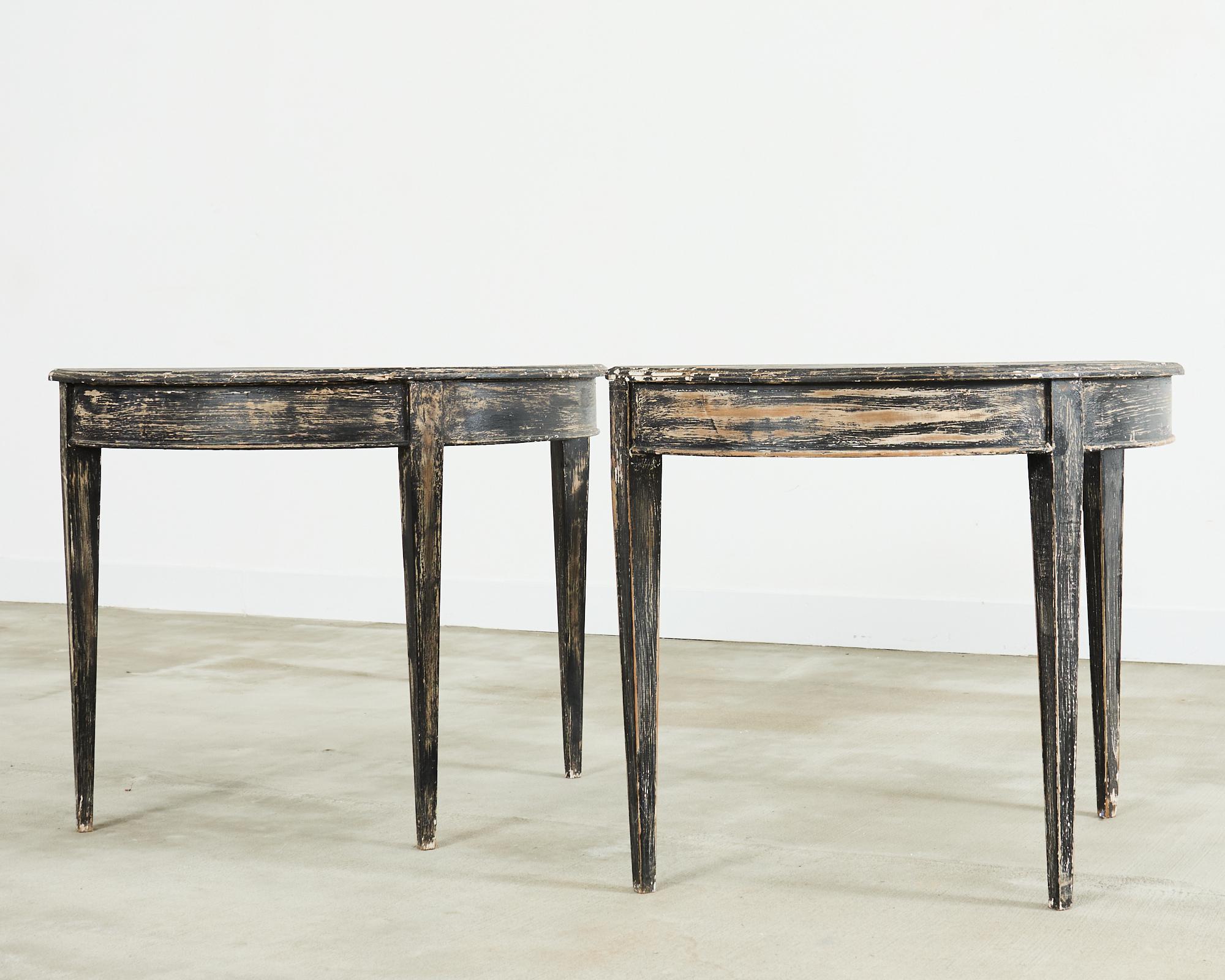 Pair of Distressed Swedish Pine Painted Demilune Consoles 1