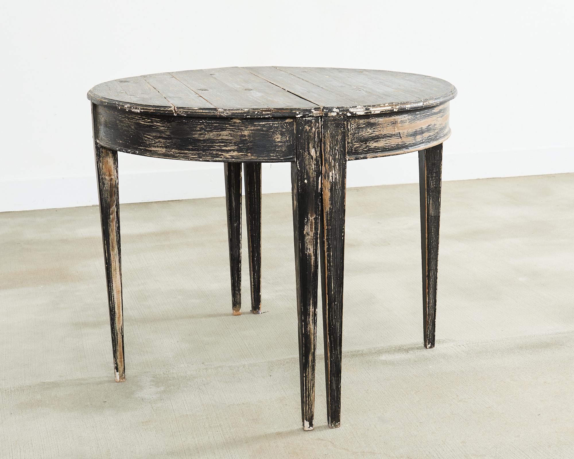 Pair of Distressed Swedish Pine Painted Demilune Consoles 2