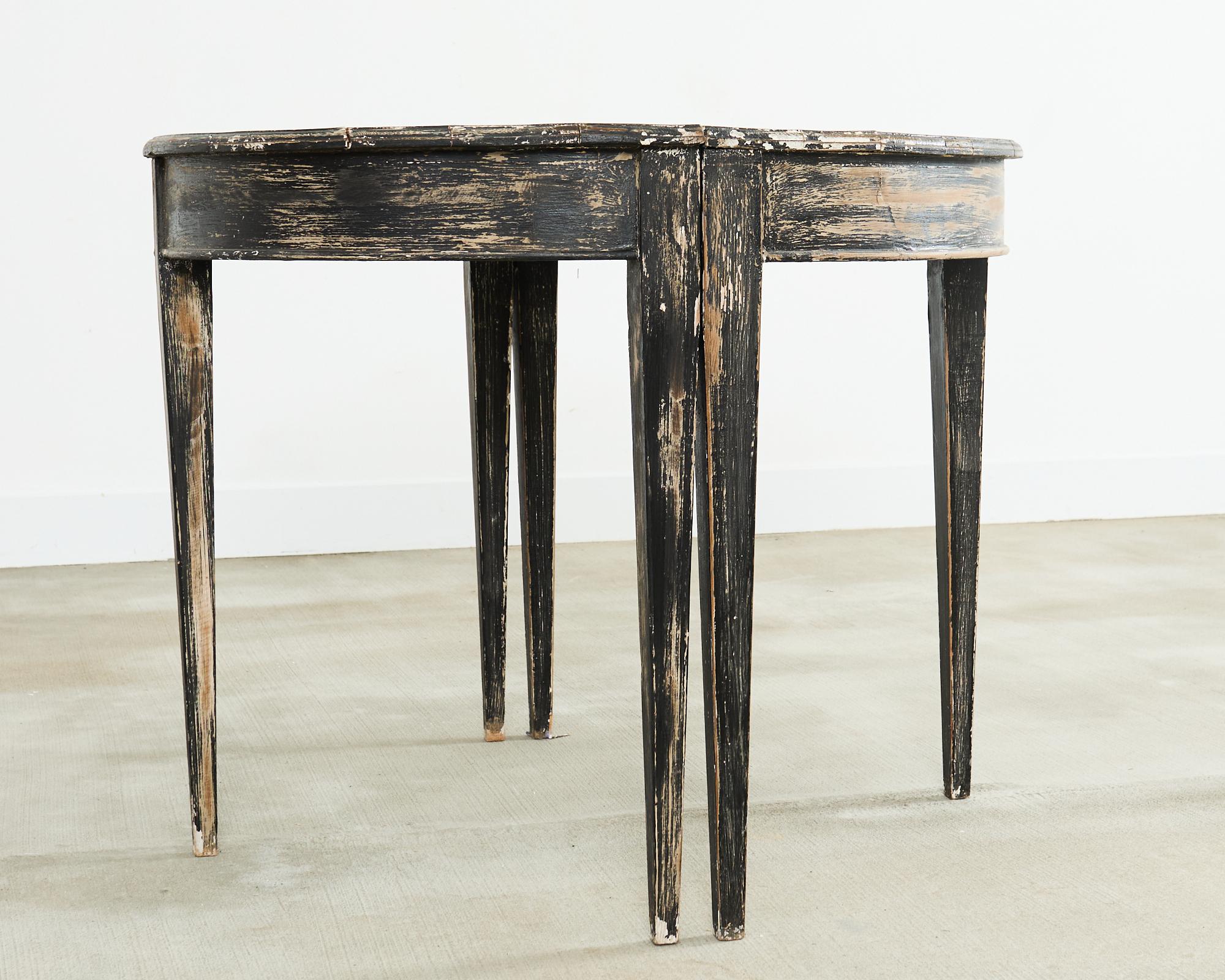 Pair of Distressed Swedish Pine Painted Demilune Consoles 3