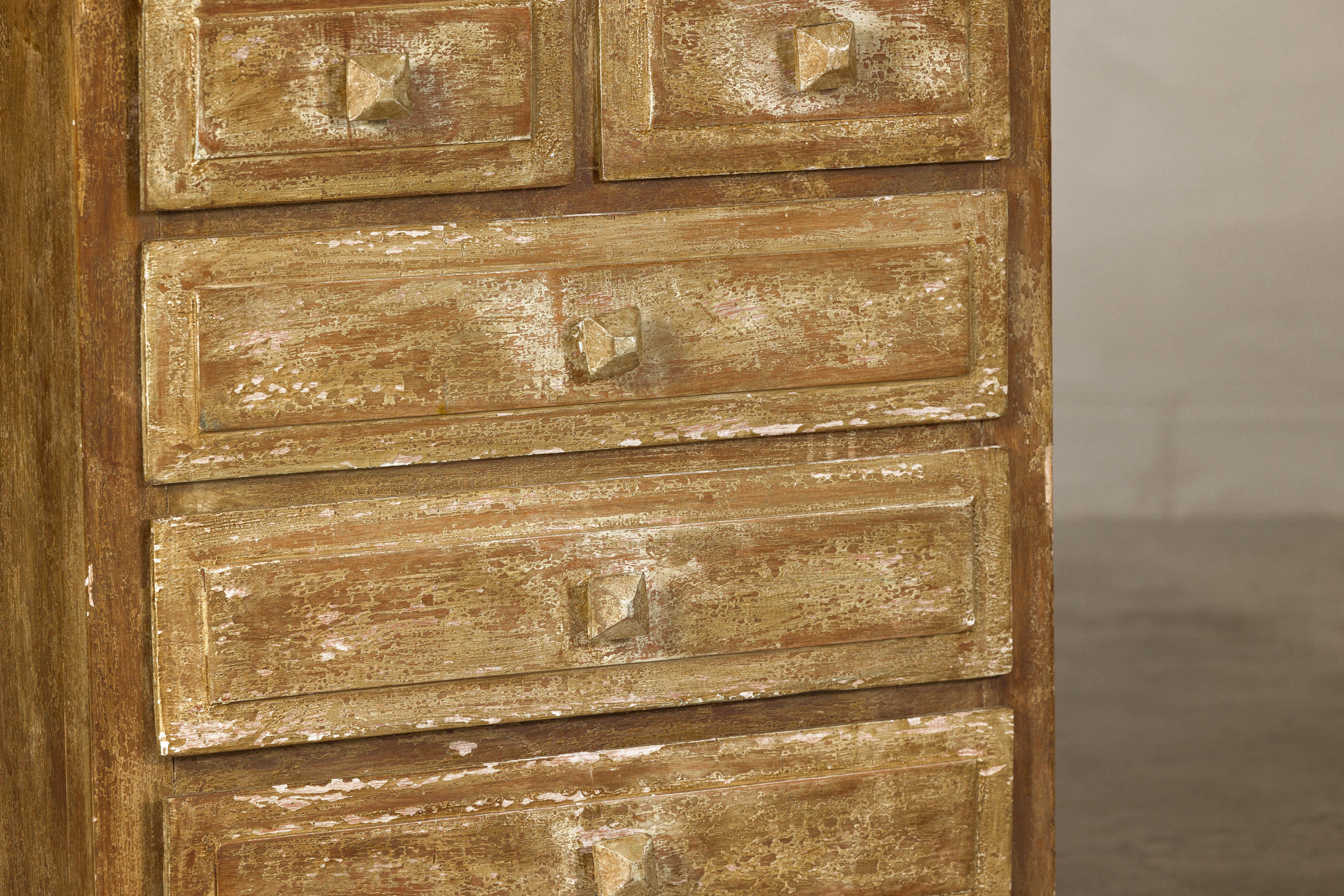 Pair of Distressed Vintage Nightstands with Subtle Brown and Green Patina For Sale 4