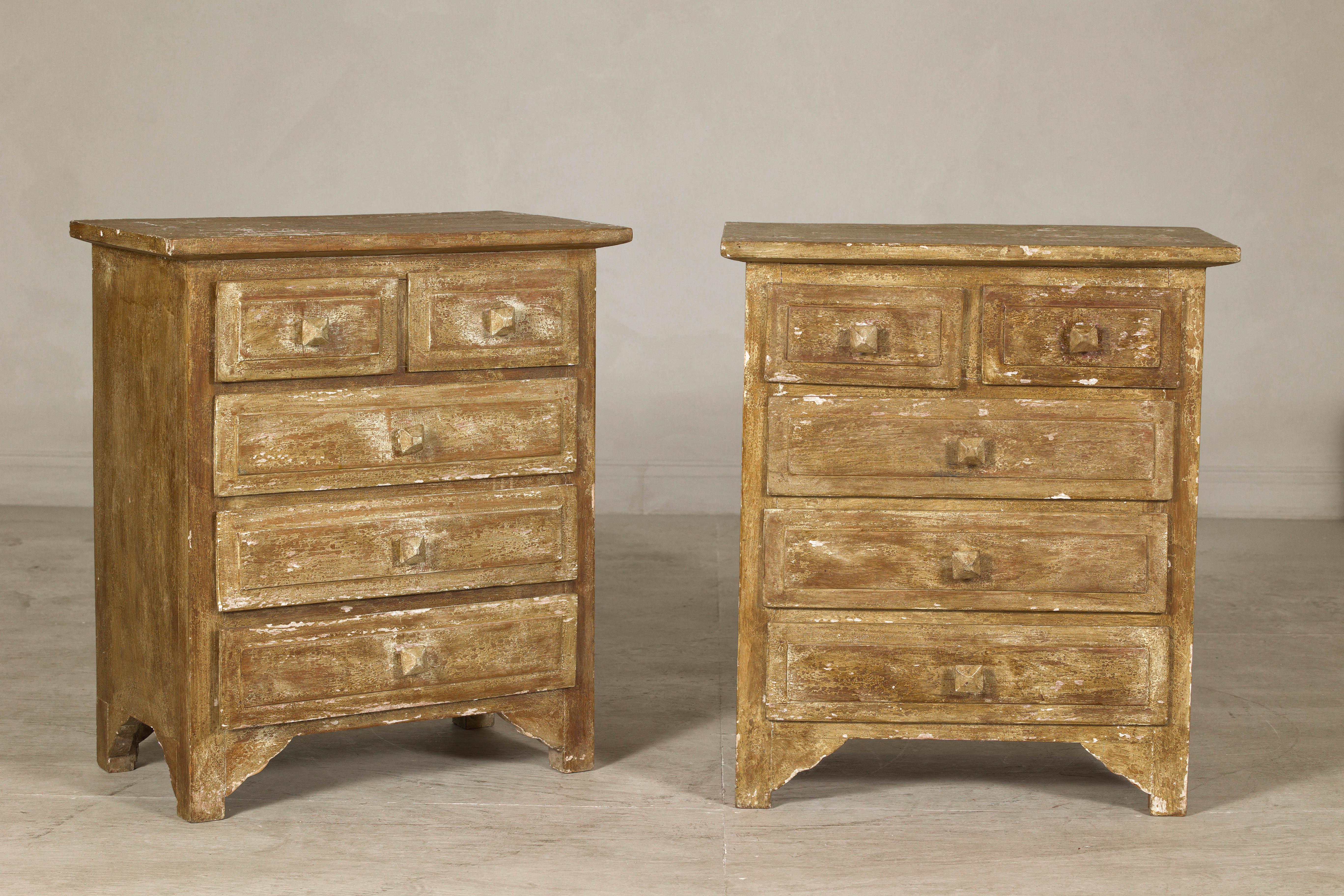 Pair of Distressed Vintage Nightstands with Subtle Brown and Green Patina For Sale 7