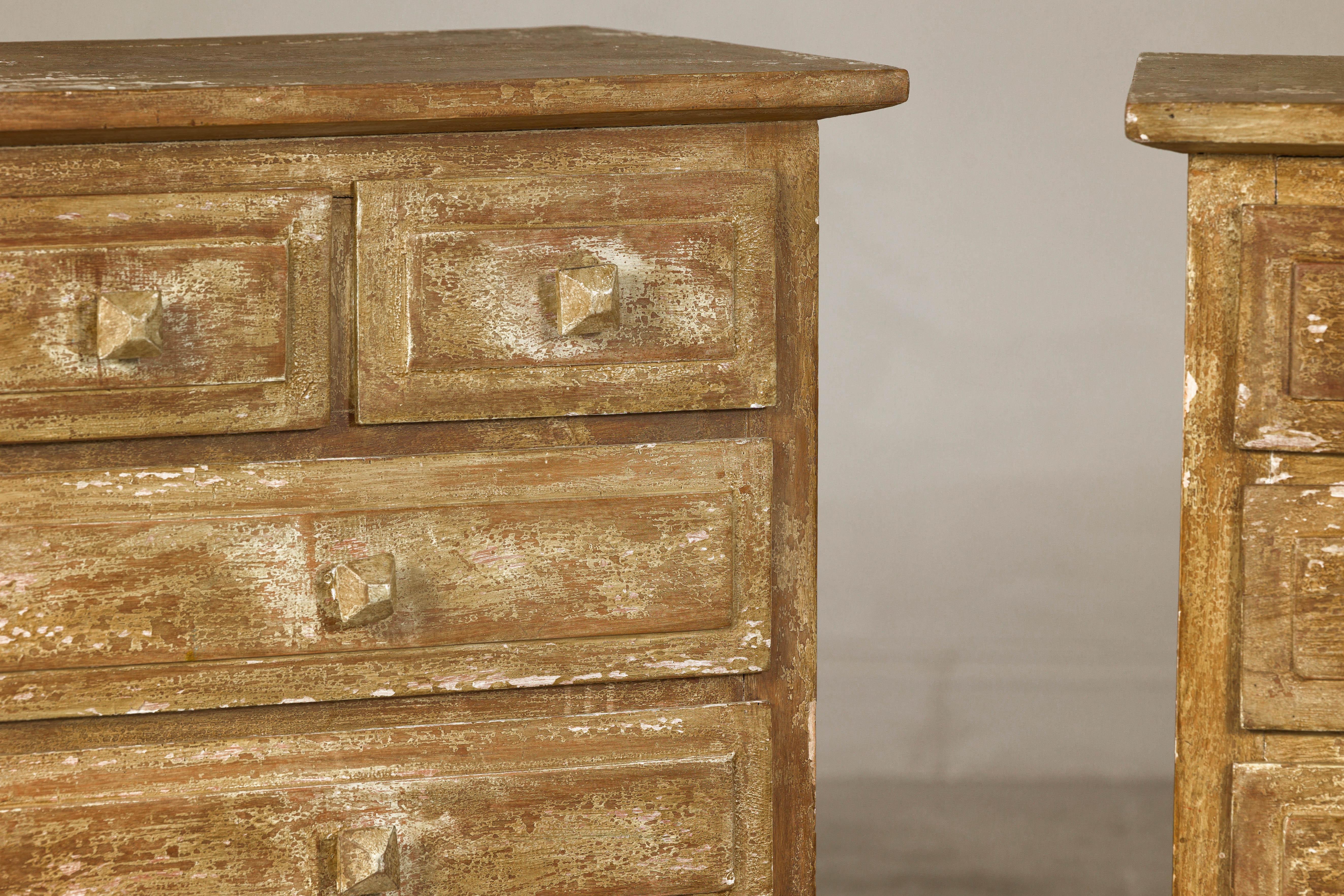 Pair of Distressed Vintage Nightstands with Subtle Brown and Green Patina For Sale 8