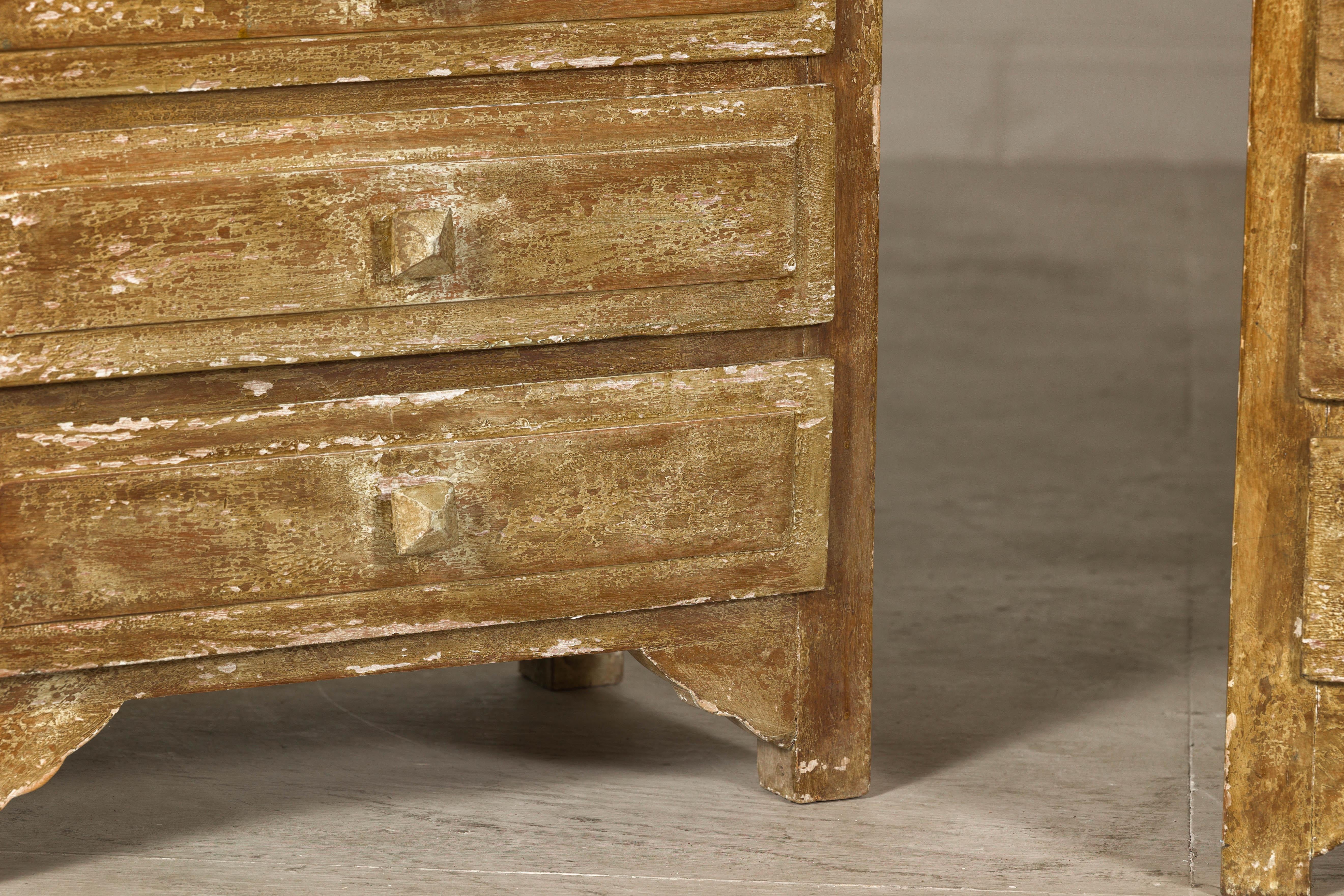 Pair of Distressed Vintage Nightstands with Subtle Brown and Green Patina For Sale 9