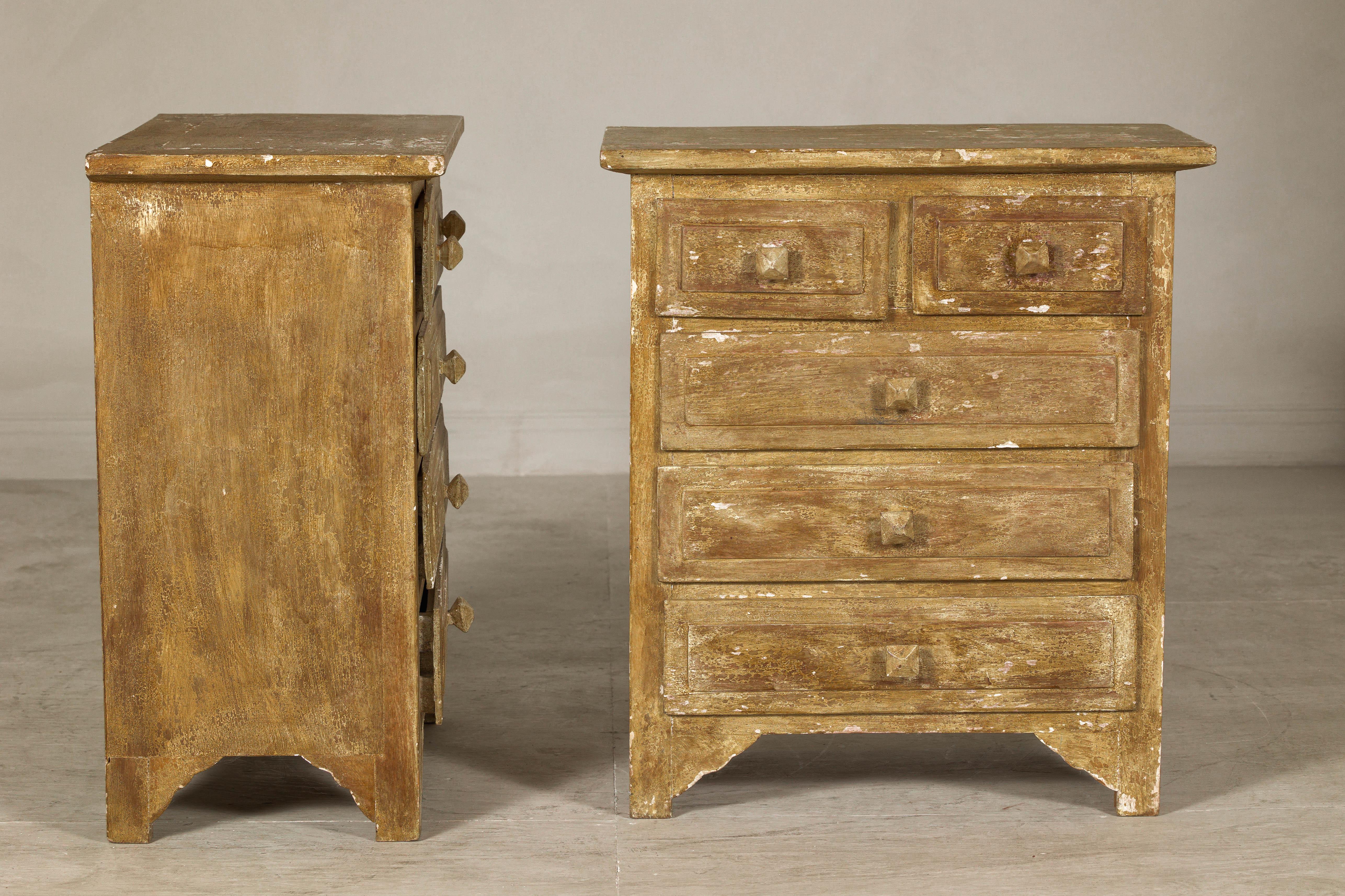Pair of Distressed Vintage Nightstands with Subtle Brown and Green Patina For Sale 10