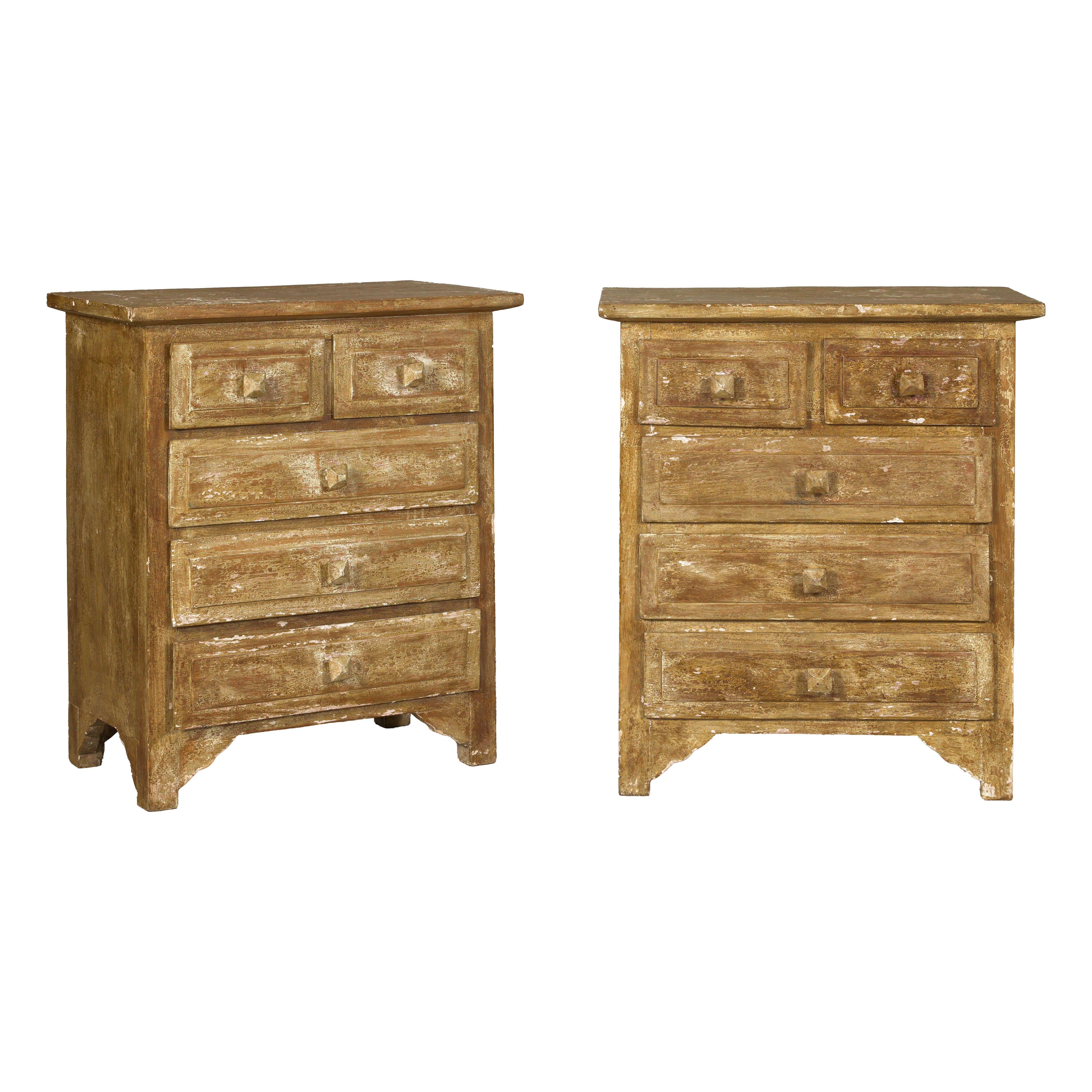 Pair of Distressed Vintage Nightstands with Subtle Brown and Green Patina For Sale 12