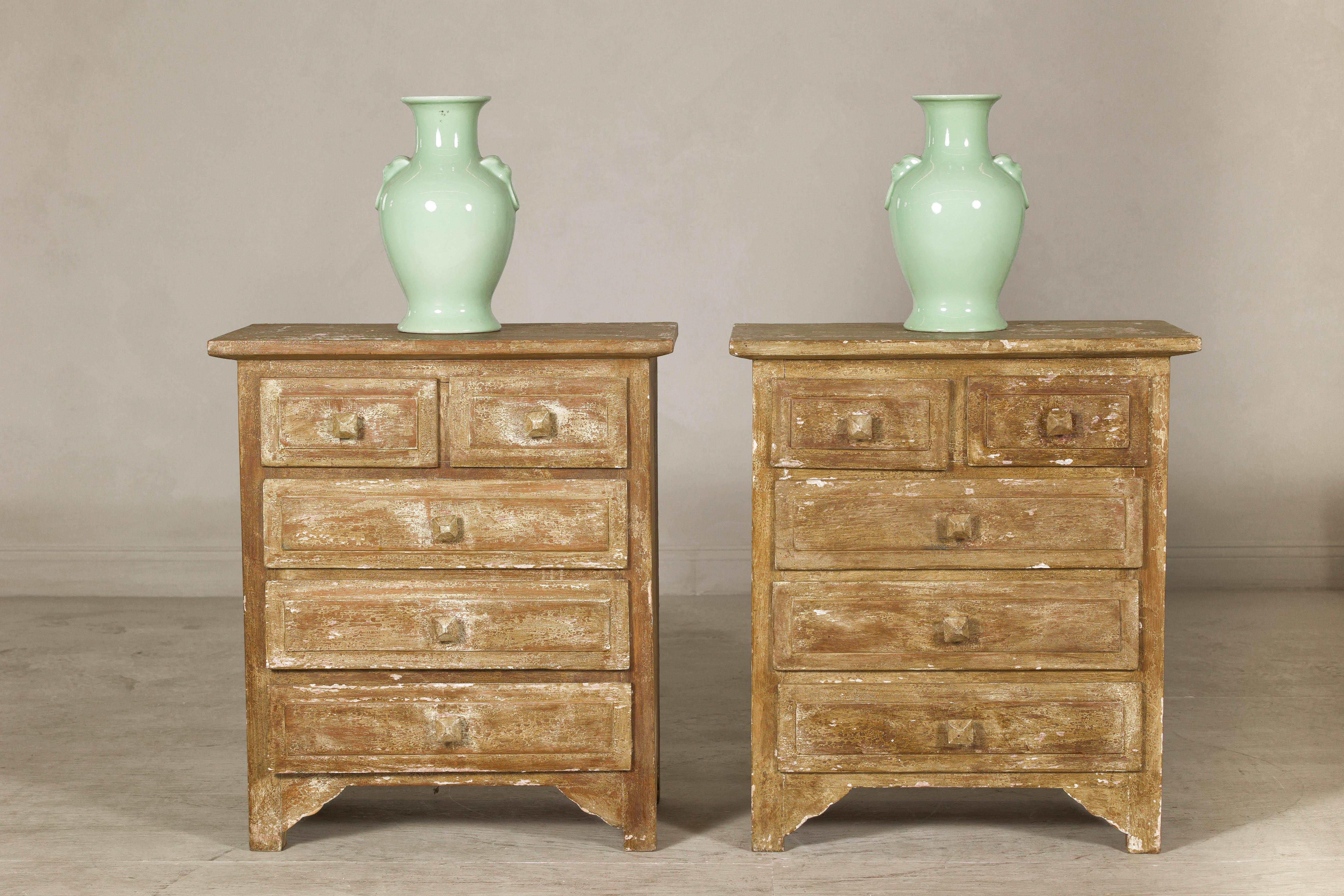Indonesian Pair of Distressed Vintage Nightstands with Subtle Brown and Green Patina For Sale