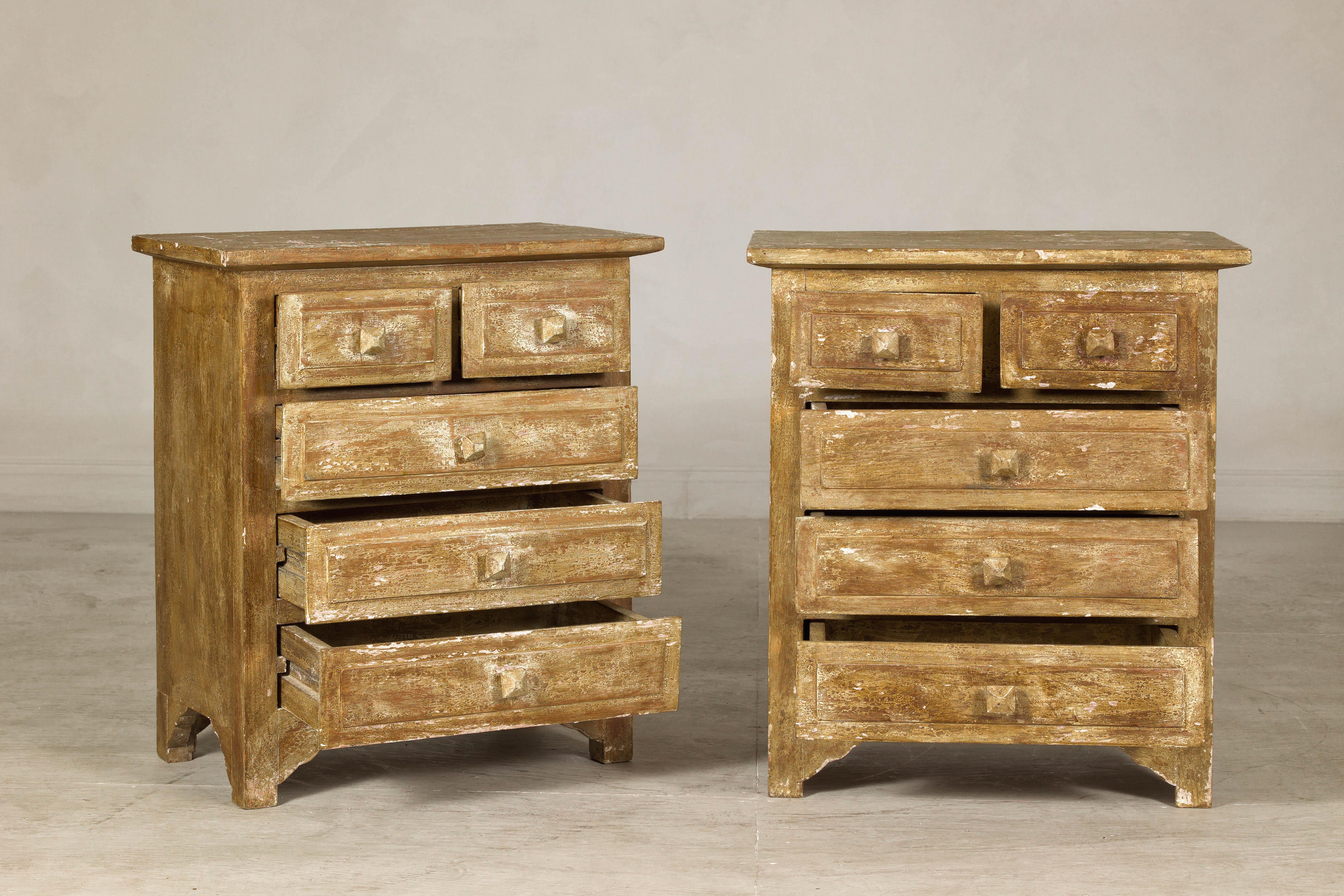 Painted Pair of Distressed Vintage Nightstands with Subtle Brown and Green Patina For Sale