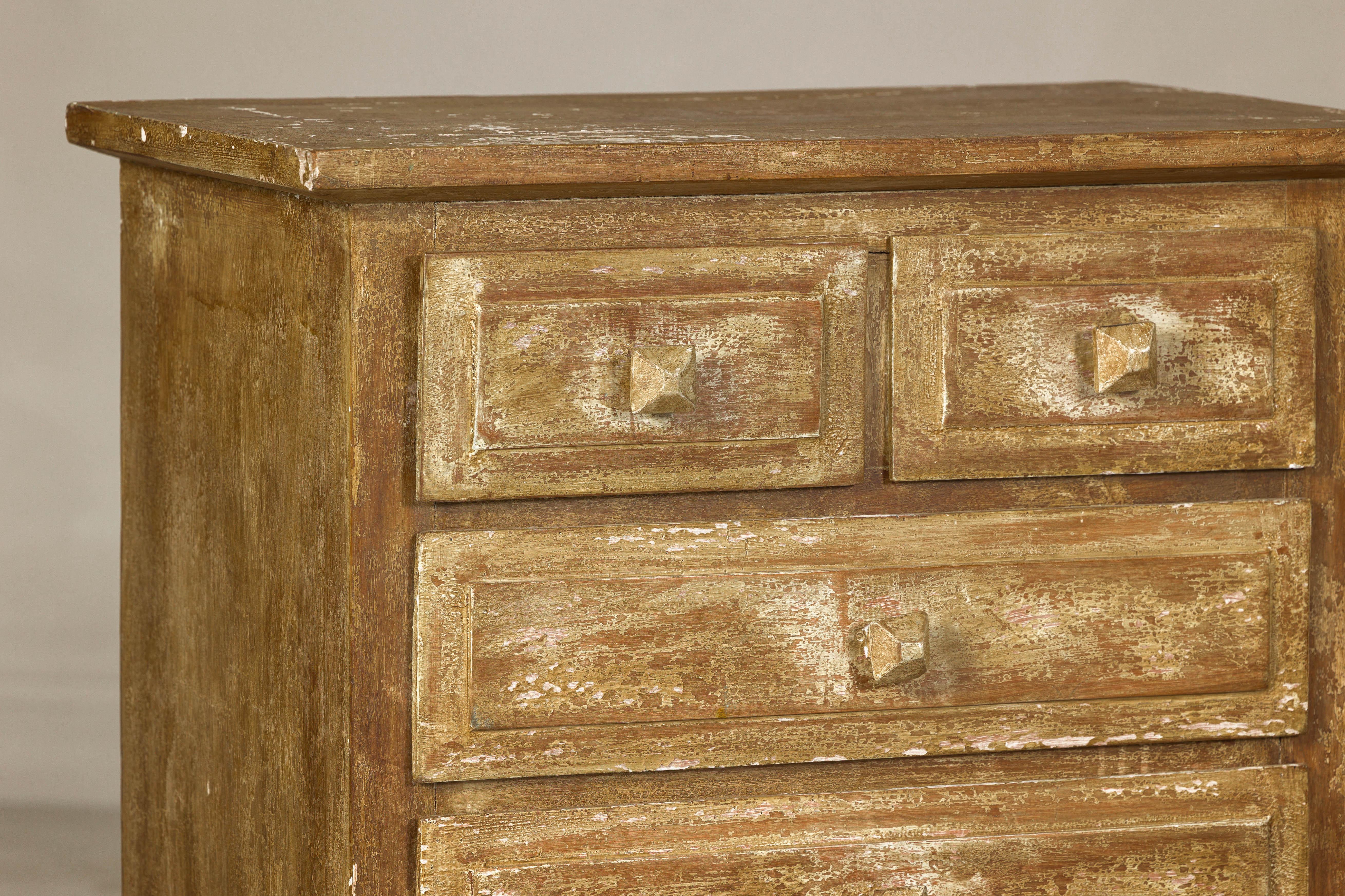 Pair of Distressed Vintage Nightstands with Subtle Brown and Green Patina In Good Condition For Sale In Yonkers, NY