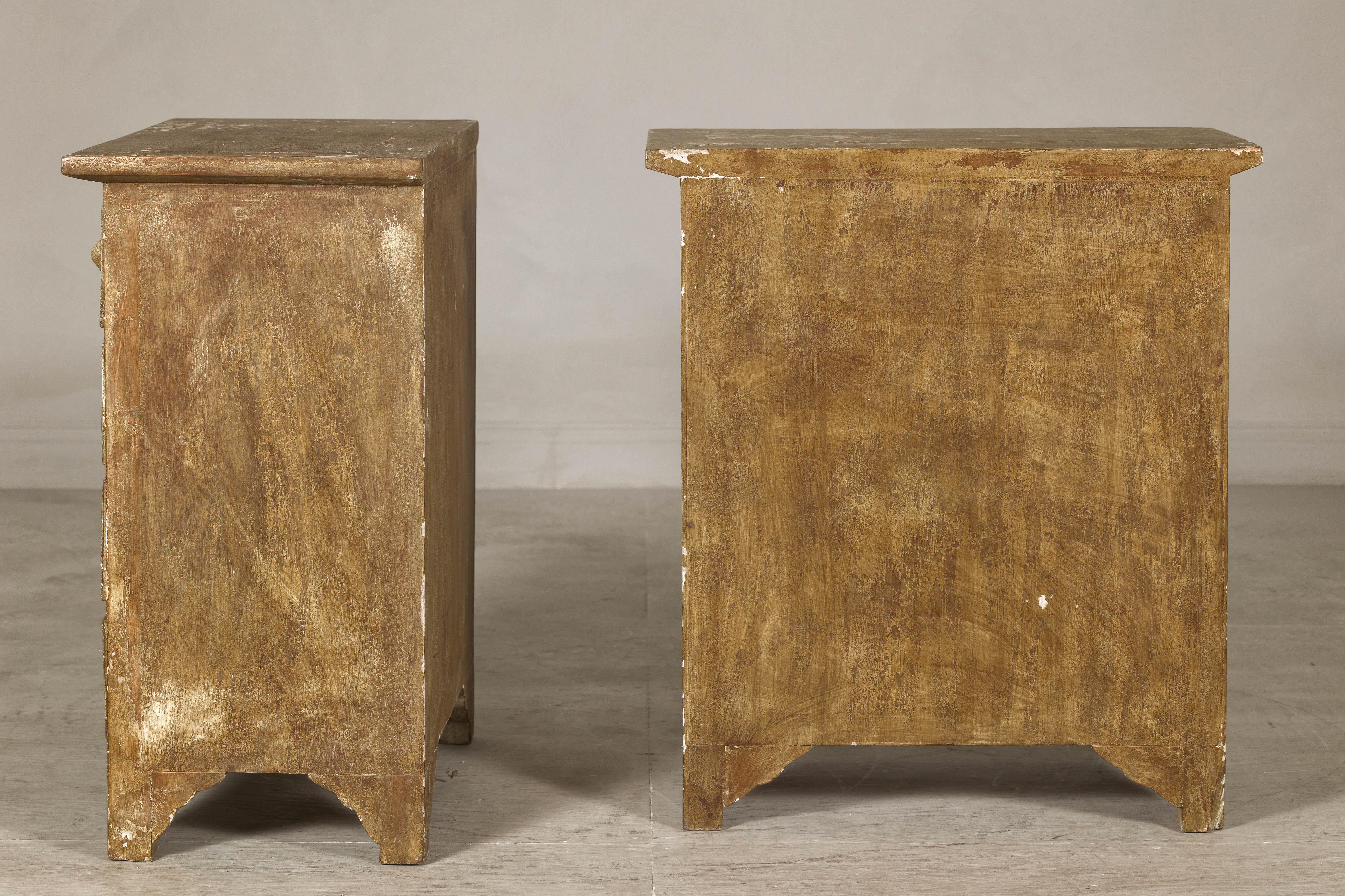 20th Century Pair of Distressed Vintage Nightstands with Subtle Brown and Green Patina For Sale