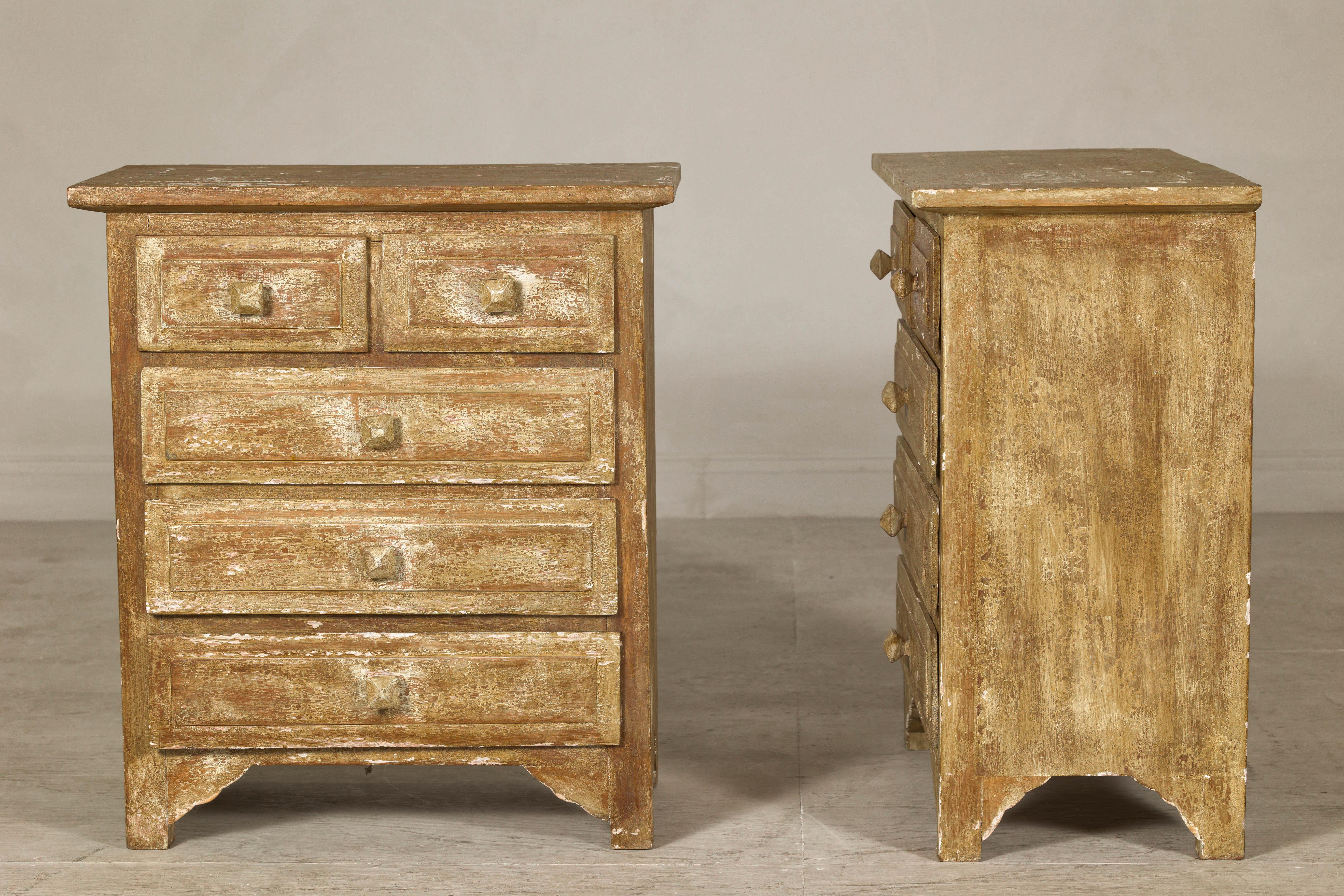 Teak Pair of Distressed Vintage Nightstands with Subtle Brown and Green Patina For Sale