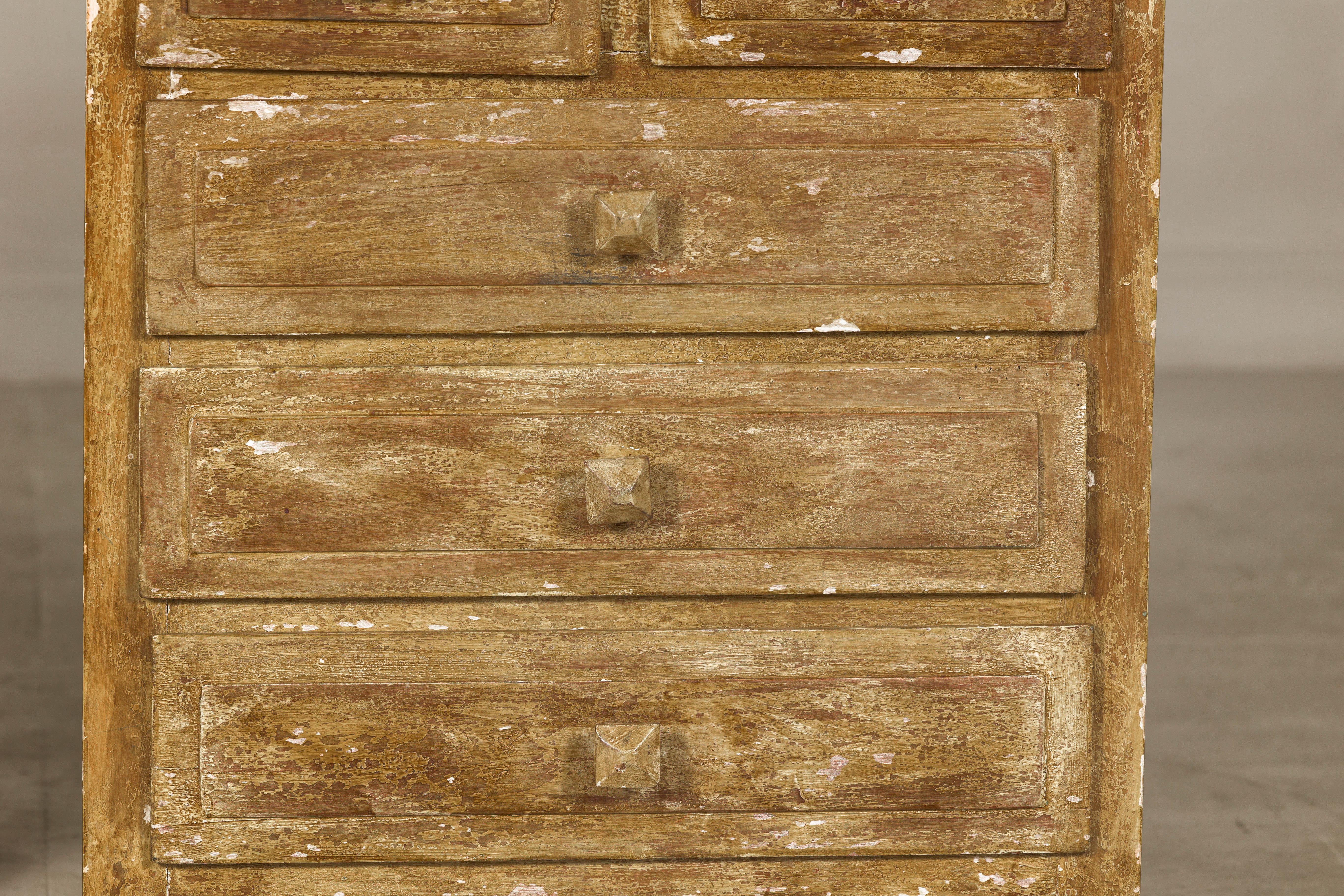 Pair of Distressed Vintage Nightstands with Subtle Brown and Green Patina For Sale 1