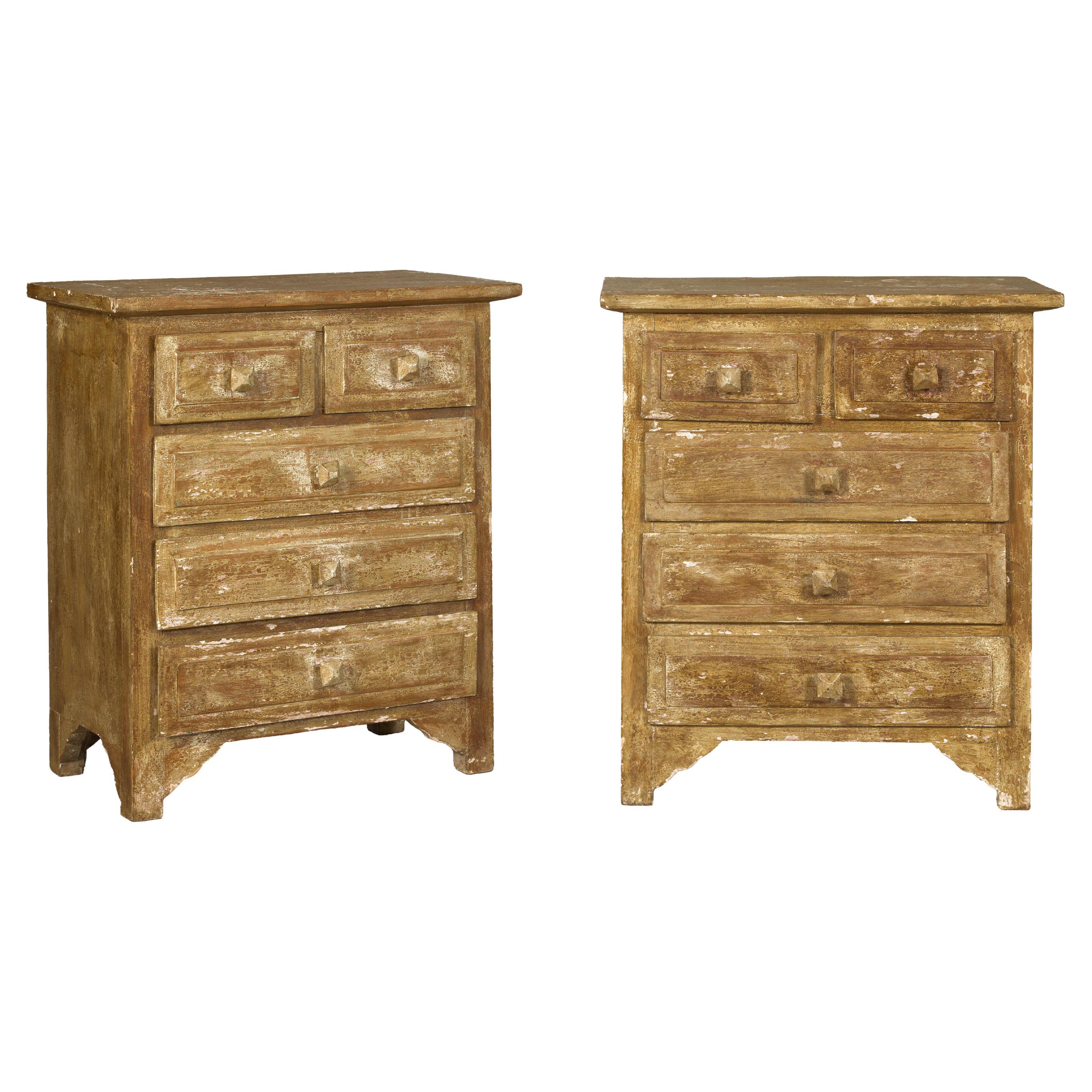 Pair of Distressed Vintage Nightstands with Subtle Brown and Green Patina For Sale