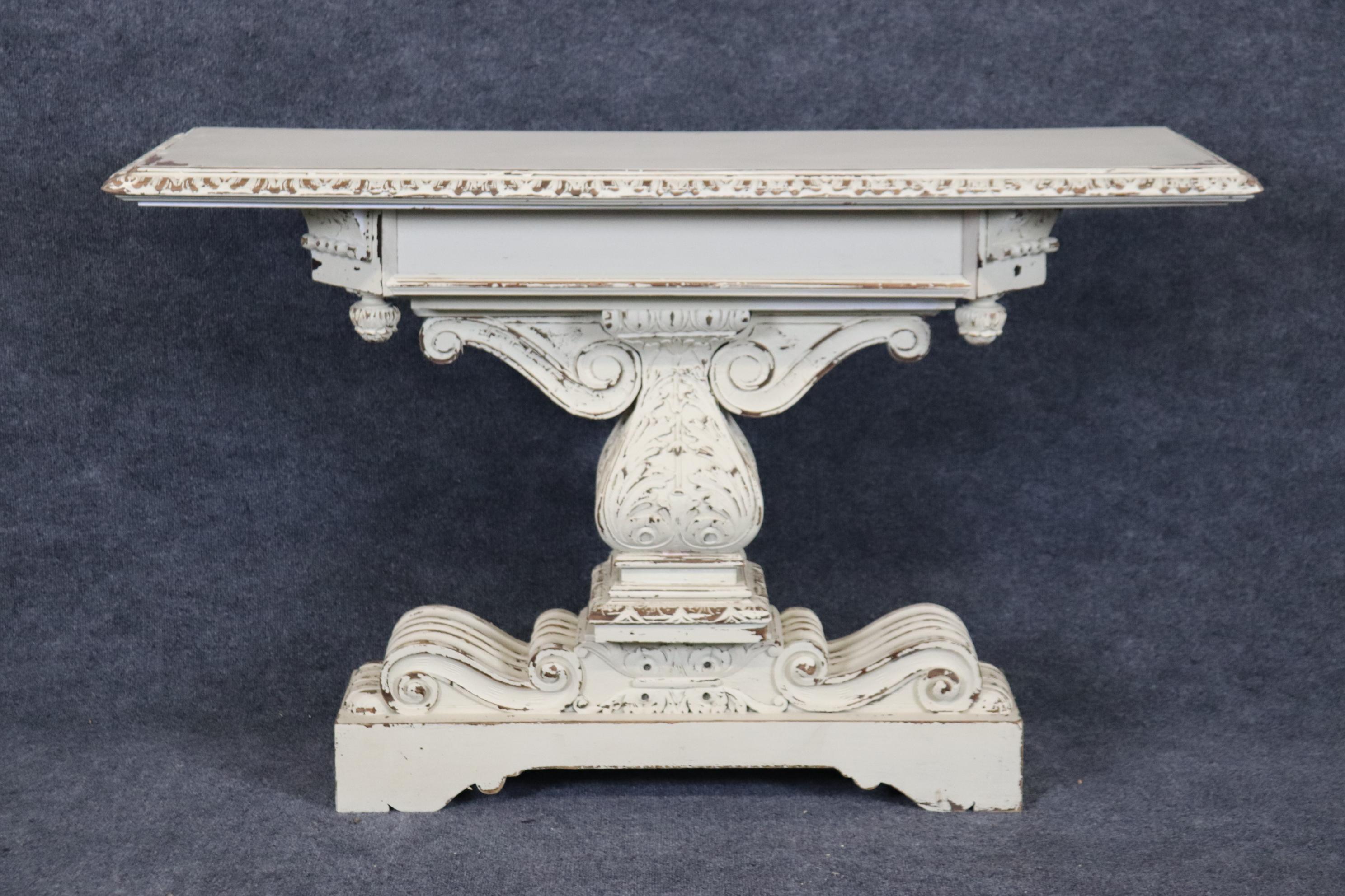 English  Pair of Distressed White Painted Carved Jacobean Style Console Tables  For Sale